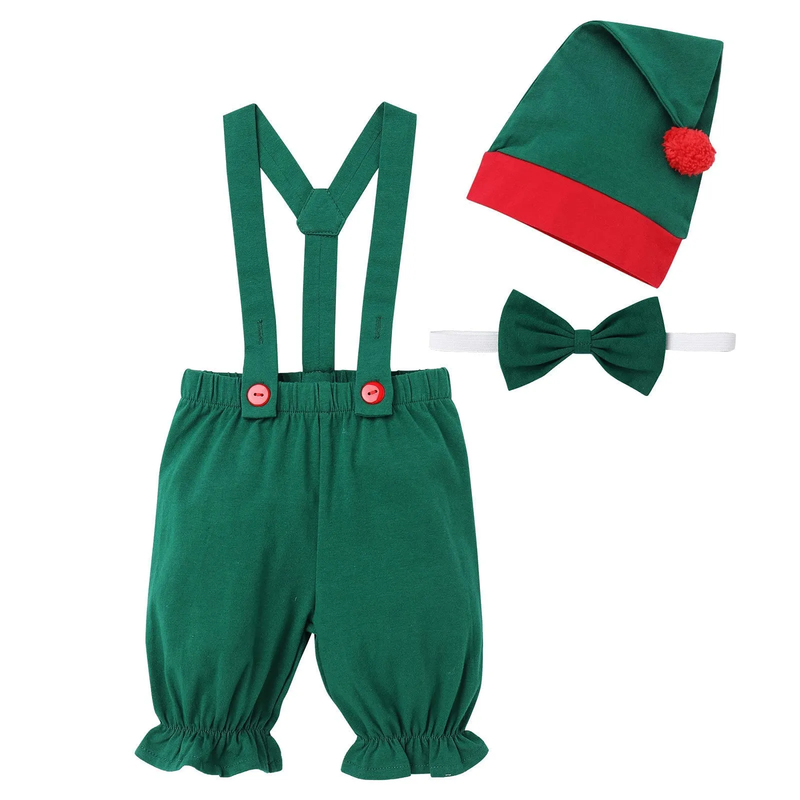 1st Christmas Outfit Baby Boys Santa's Elf Costume Suspenders Pants Bowtie Xmas Hat Elf Suit for Kids Newborn Photo Props Mr. Santa Claus Carnival Cosplay First Halloween Dress Up Green 0-6 Months