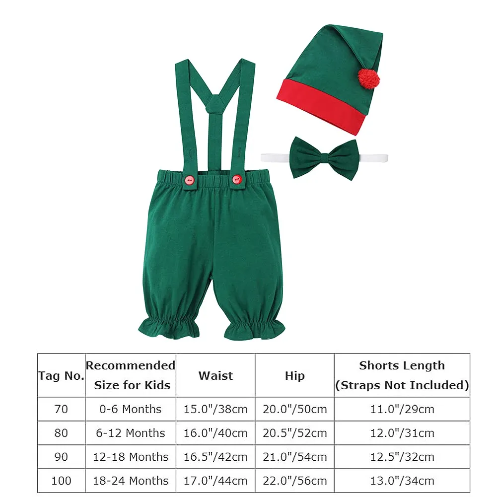 1st Christmas Outfit Baby Boys Santa's Elf Costume Suspenders Pants Bowtie Xmas Hat Elf Suit for Kids Newborn Photo Props Mr. Santa Claus Carnival Cosplay First Halloween Dress Up Green 0-6 Months