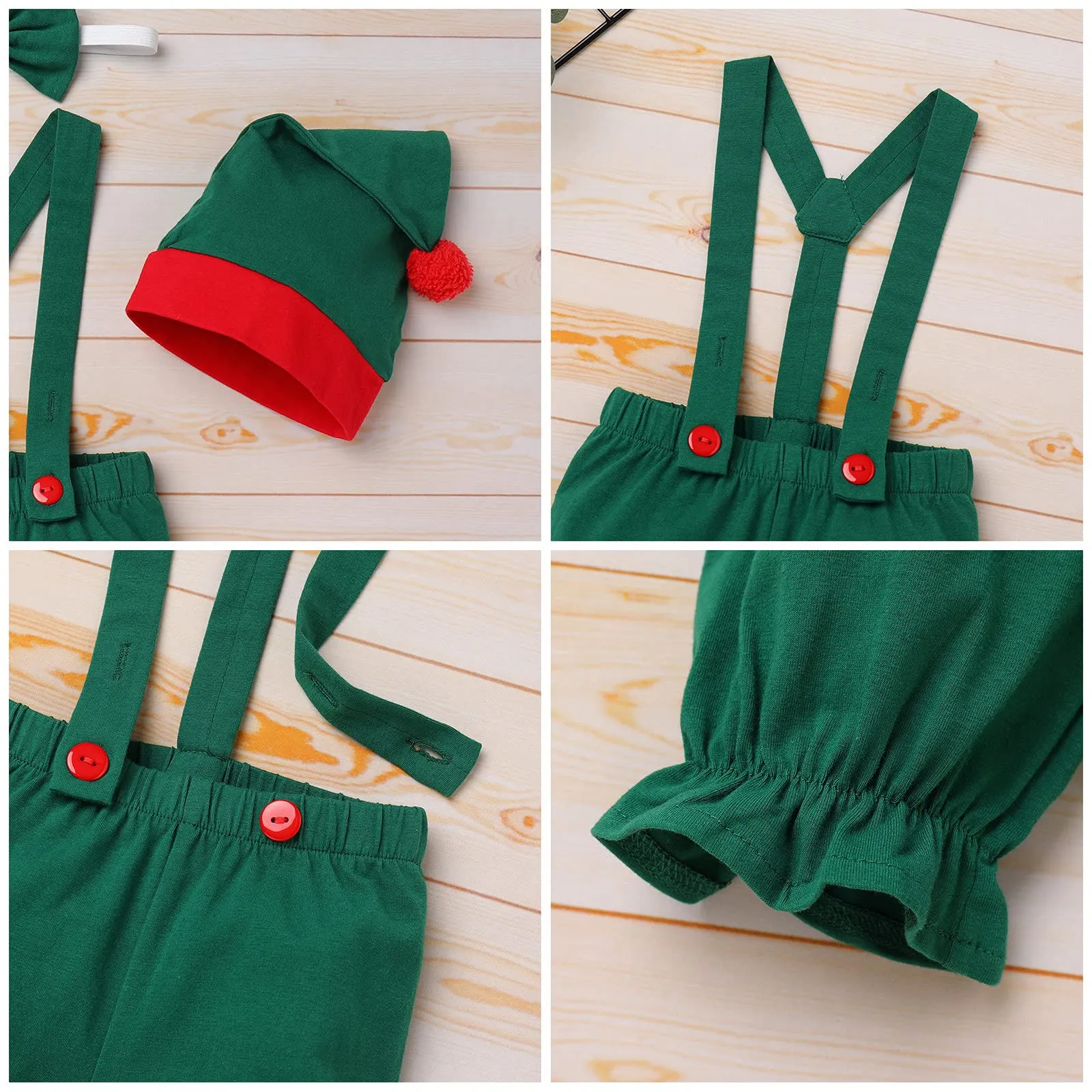 1st Christmas Outfit Baby Boys Santa's Elf Costume Suspenders Pants Bowtie Xmas Hat Elf Suit for Kids Newborn Photo Props Mr. Santa Claus Carnival Cosplay First Halloween Dress Up Green 0-6 Months