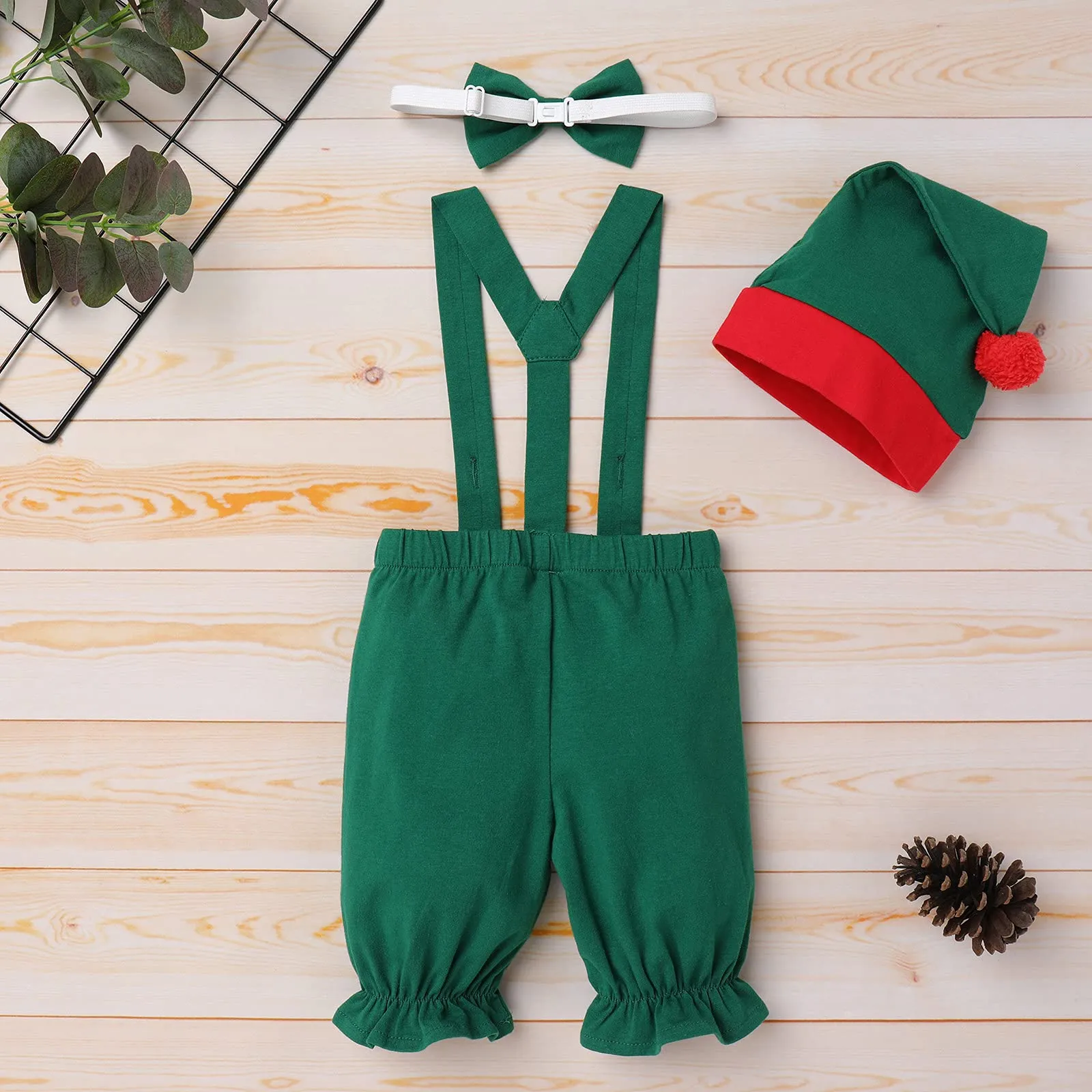 1st Christmas Outfit Baby Boys Santa's Elf Costume Suspenders Pants Bowtie Xmas Hat Elf Suit for Kids Newborn Photo Props Mr. Santa Claus Carnival Cosplay First Halloween Dress Up Green 0-6 Months
