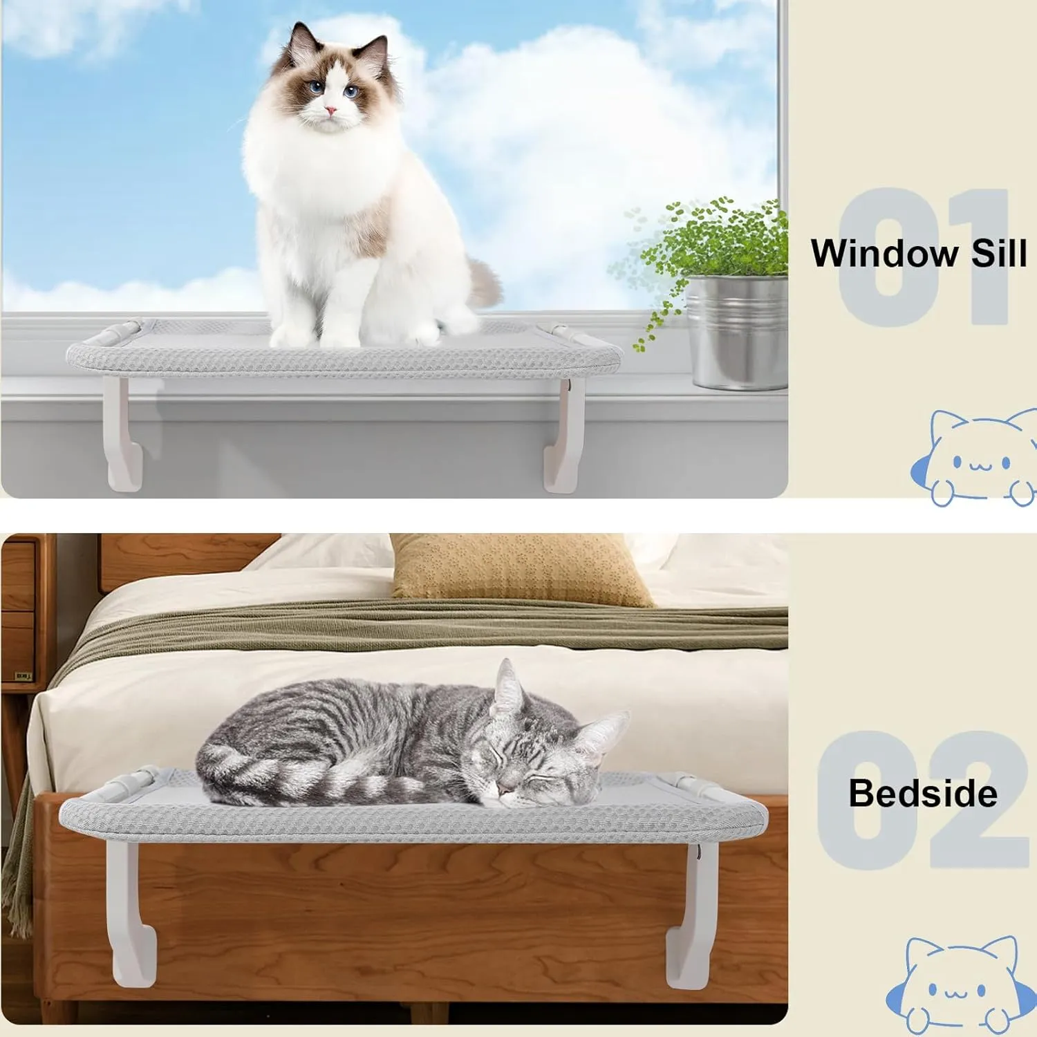 2-in-1 Cat Window Perch for Large Indoor, Sturdy Foldable Cat Window Hammock for Window with Solid Metal Frame, Cat Perch Bed for Cats Inside, Pet Window Bed Shelf, Bedside Strong Metal Frame