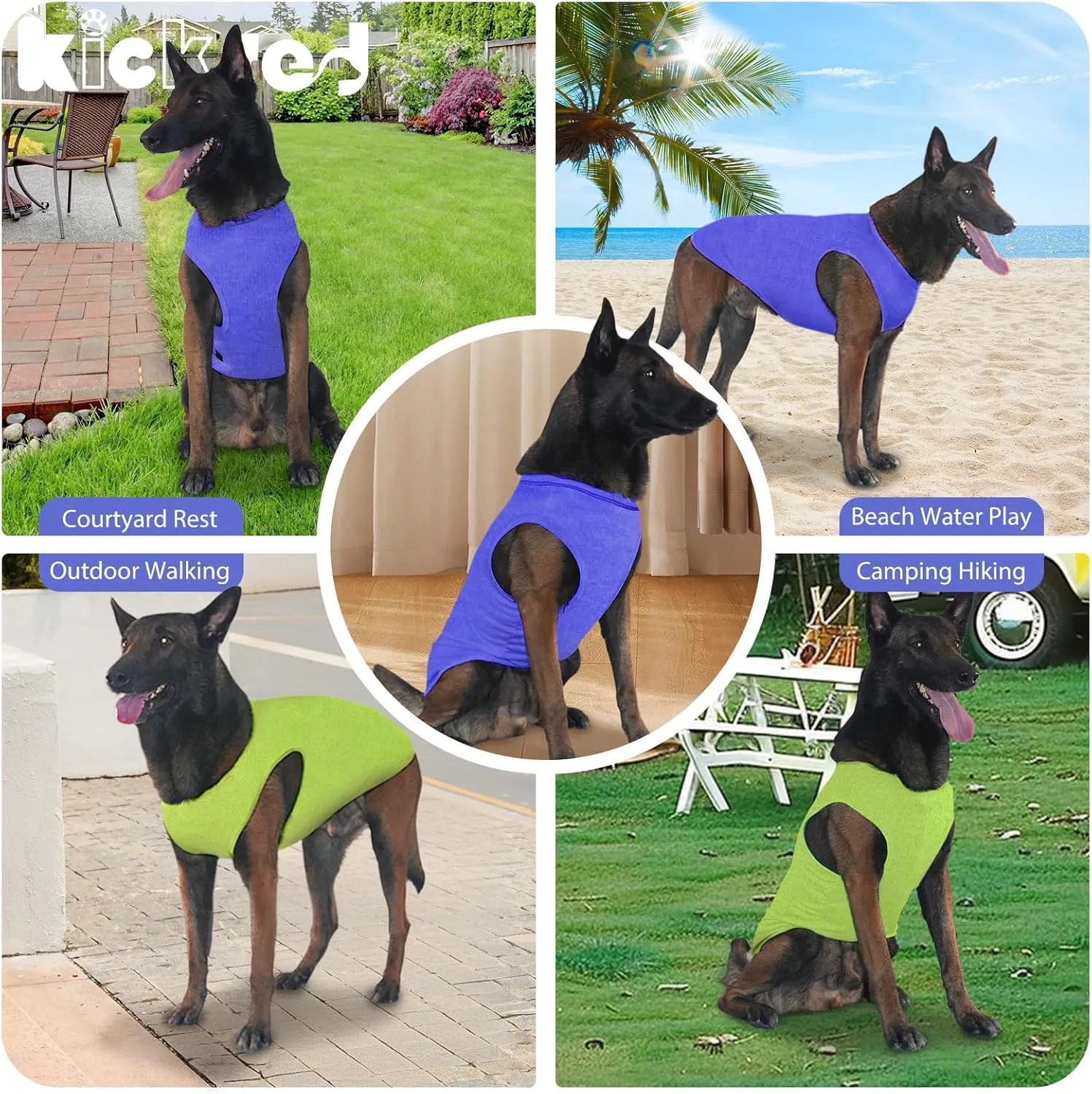 2 Pack Dog Shirts, Quick Dry Breathable Dog Clothes Pet Sleeveless Vest, Summer Stretchy Tank Top T-Shirts for Large Dogs, Deep Blue Dark Green (L)