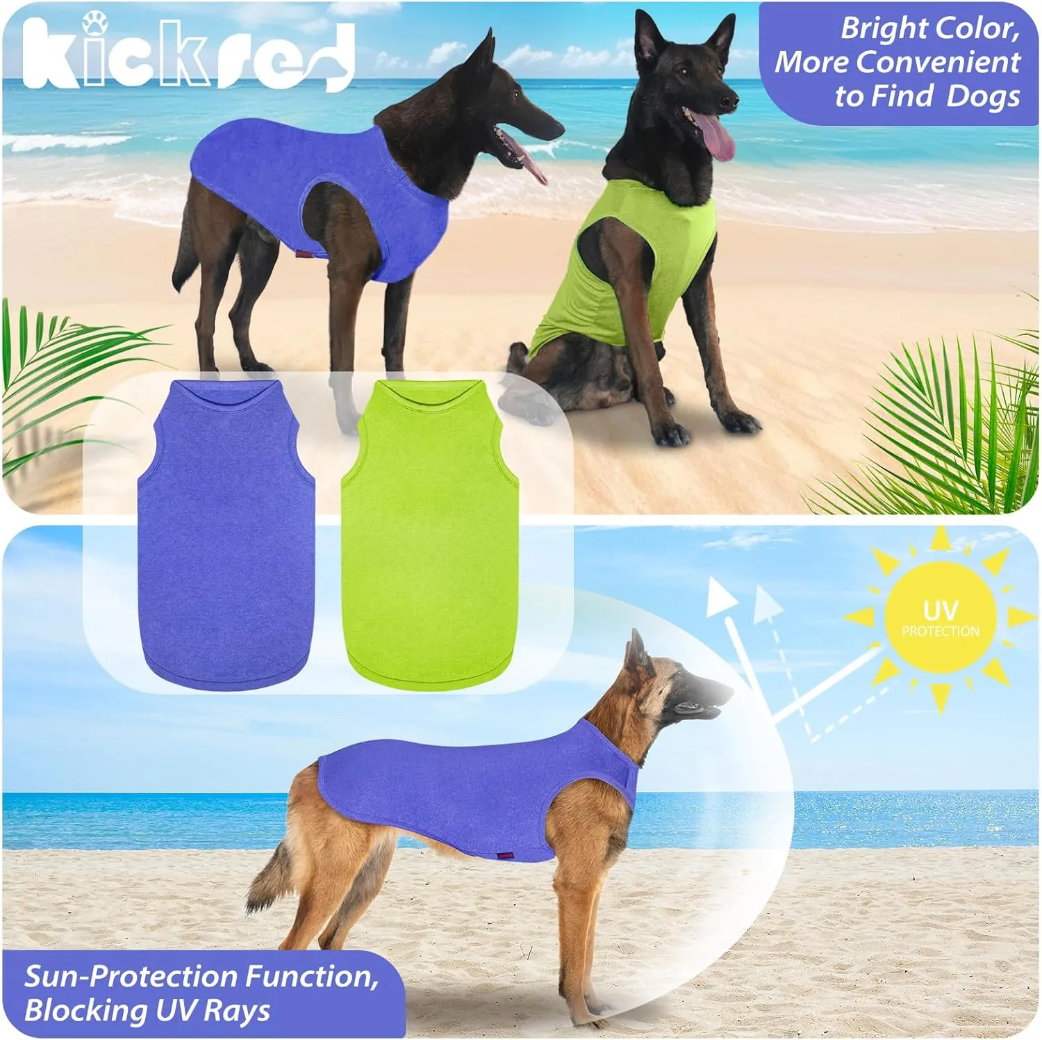 2 Pack Dog Shirts, Quick Dry Breathable Dog Clothes Pet Sleeveless Vest, Summer Stretchy Tank Top T-Shirts for Large Dogs, Deep Blue Dark Green (L)