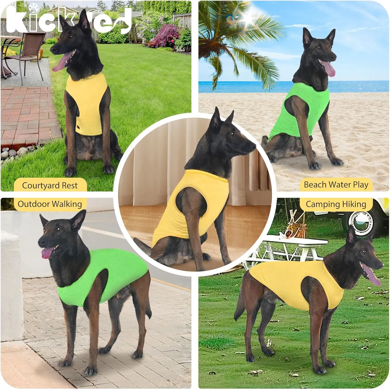 2 Pack Dog Shirts, Summer Pet Sleeveless Vest, Breathable Dog Clothes, Stretchy Tank Top T-Shirts for Large Medium Dogs, Grass Green Lemon Yellow (M)