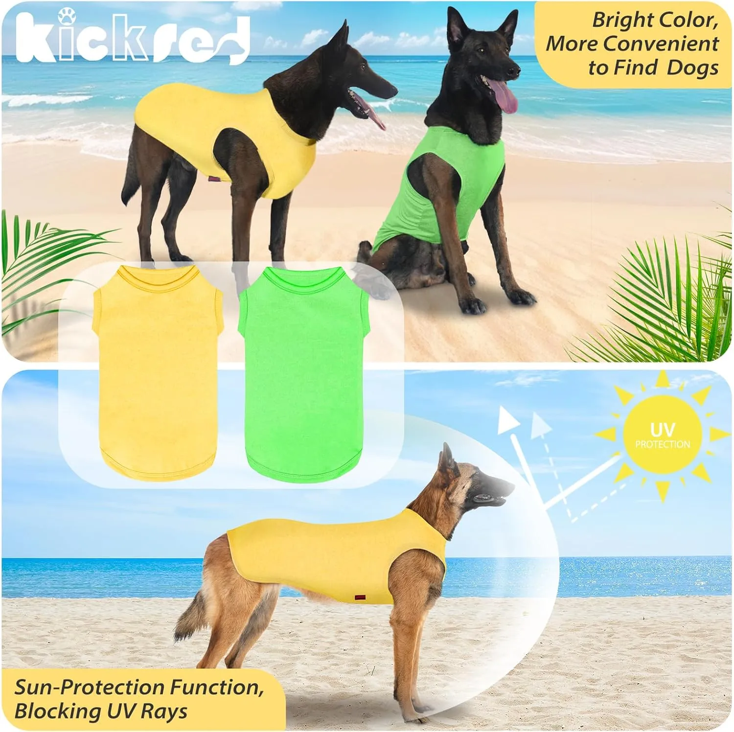 2 Pack Dog Shirts, Summer Pet Sleeveless Vest, Breathable Dog Clothes, Stretchy Tank Top T-Shirts for Large Medium Dogs, Grass Green Lemon Yellow (M)
