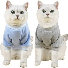 2Pc Pet Sweaters for Hairless Cats & Small Dogs - Cotton Pullover Shirts with Sleeves - Blue & Grey, Large