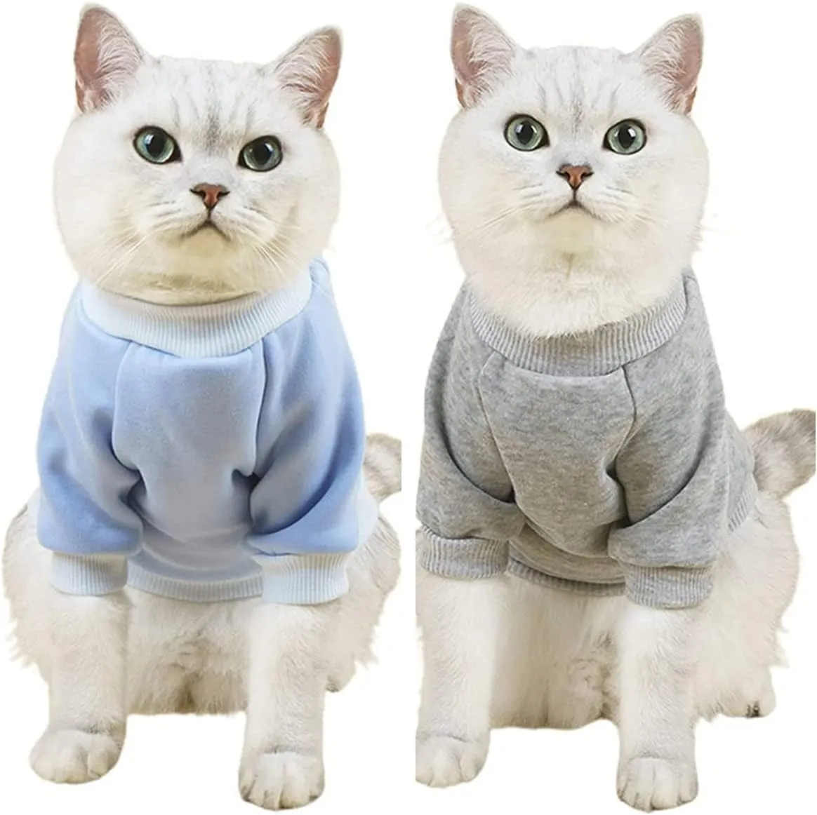 2Pc Pet Sweaters for Hairless Cats & Small Dogs - Cotton Pullover Shirts with Sleeves - Blue & Grey, Large