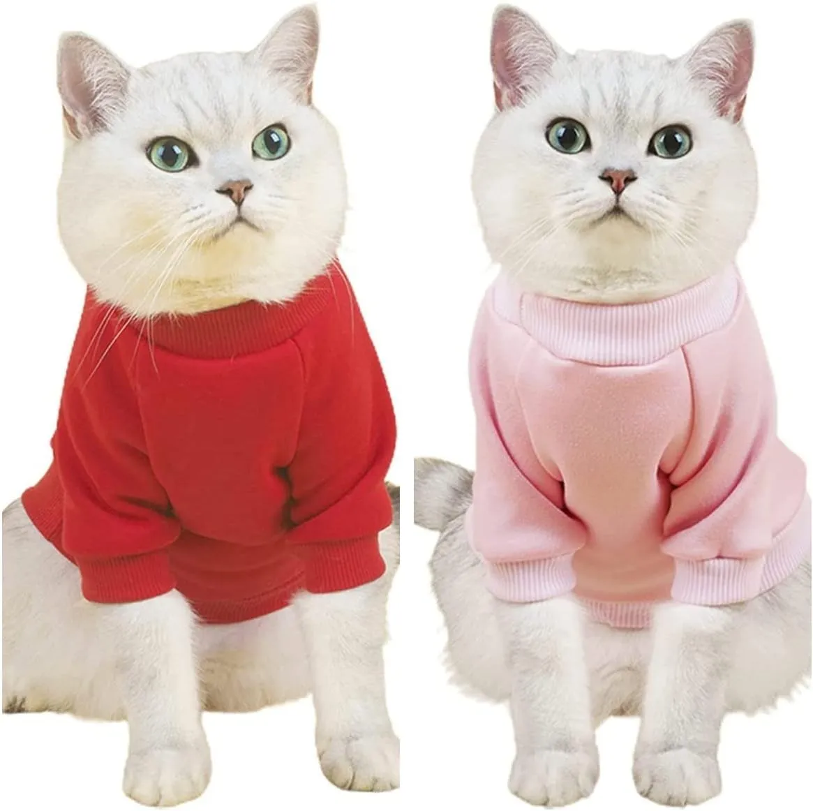 2Pc Pet Sweaters for Hairless Cats & Small Dogs - Cotton Pullover Shirts with Sleeves (Red & Pink, Large)