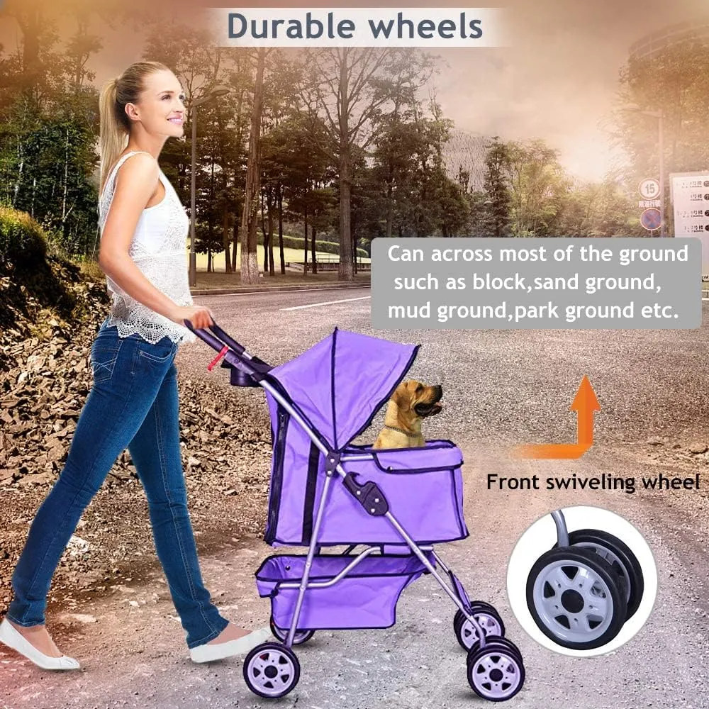 4 Wheels Pet Stroller Dog Stroller Pet Jogger Stroller Travel Lite Foldable Carrier Strolling Cart W/Cup Holders Removable Liner for Medium and Small Dog,Purple