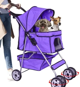 4 Wheels Pet Stroller Dog Stroller Pet Jogger Stroller Travel Lite Foldable Carrier Strolling Cart W/Cup Holders Removable Liner for Medium and Small Dog,Purple