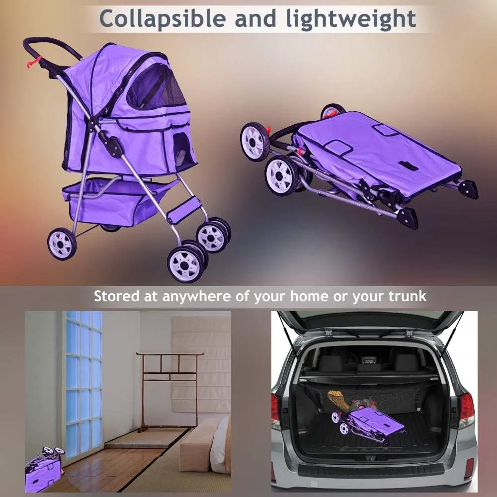 4 Wheels Pet Stroller Dog Stroller Pet Jogger Stroller Travel Lite Foldable Carrier Strolling Cart W/Cup Holders Removable Liner for Medium and Small Dog,Purple