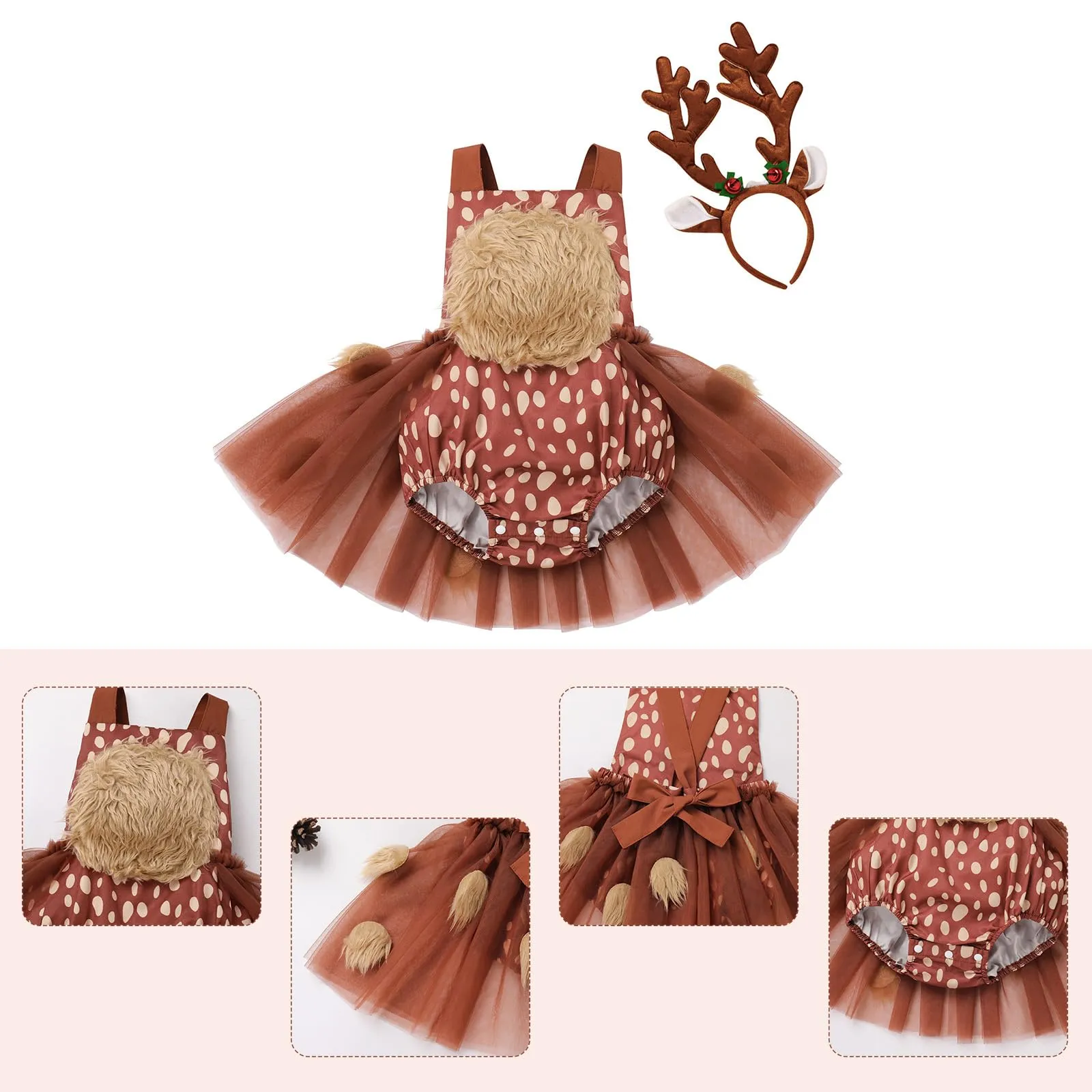 Baby Deer Costume Toddlers Girls Reindeer Elk Tulle Romper Dress Antlers Headband Set Newborn 1st Christmas Outfit Xmas Holiday Photo Shoot Halloween Dress Up Birthday Party Cosplay Brown 6-12 Months