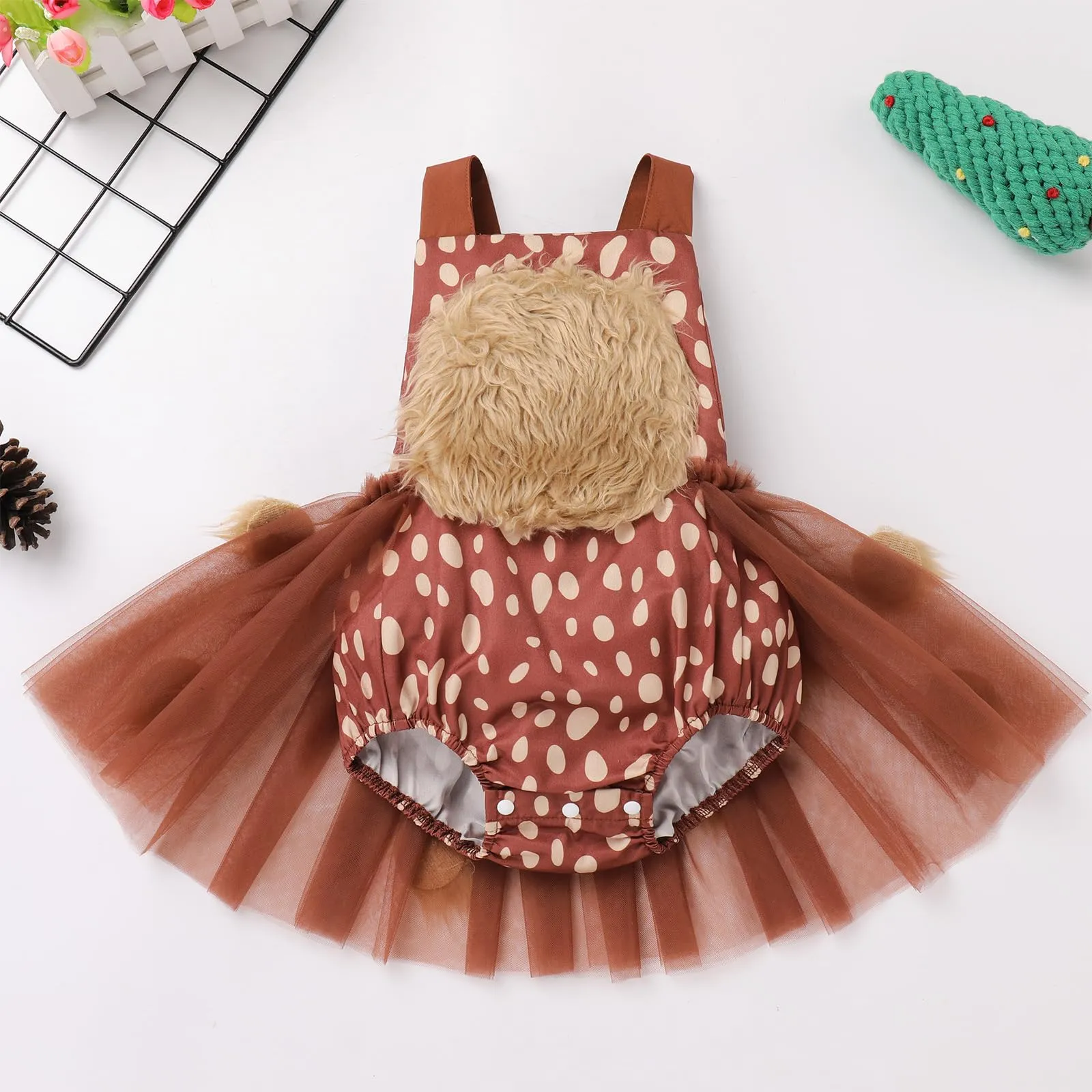 Baby Deer Costume Toddlers Girls Reindeer Elk Tulle Romper Dress Antlers Headband Set Newborn 1st Christmas Outfit Xmas Holiday Photo Shoot Halloween Dress Up Birthday Party Cosplay Brown 6-12 Months