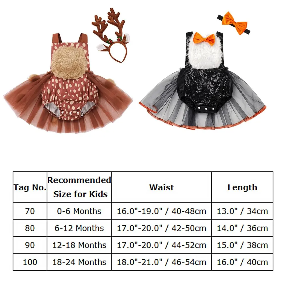 Baby Deer Costume Toddlers Girls Reindeer Elk Tulle Romper Dress Antlers Headband Set Newborn 1st Christmas Outfit Xmas Holiday Photo Shoot Halloween Dress Up Birthday Party Cosplay Brown 6-12 Months
