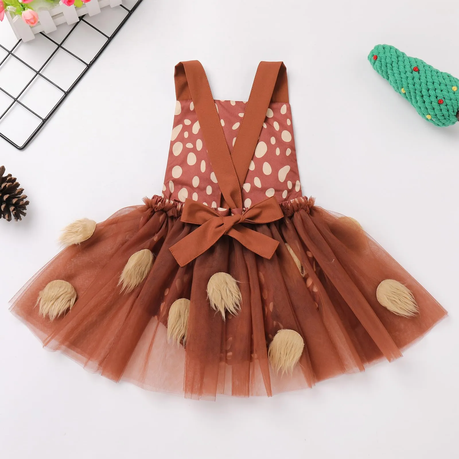 Baby Deer Costume Toddlers Girls Reindeer Elk Tulle Romper Dress Antlers Headband Set Newborn 1st Christmas Outfit Xmas Holiday Photo Shoot Halloween Dress Up Birthday Party Cosplay Brown 6-12 Months