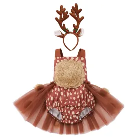 Baby Deer Costume Toddlers Girls Reindeer Elk Tulle Romper Dress Antlers Headband Set Newborn 1st Christmas Outfit Xmas Holiday Photo Shoot Halloween Dress Up Birthday Party Cosplay Brown 6-12 Months