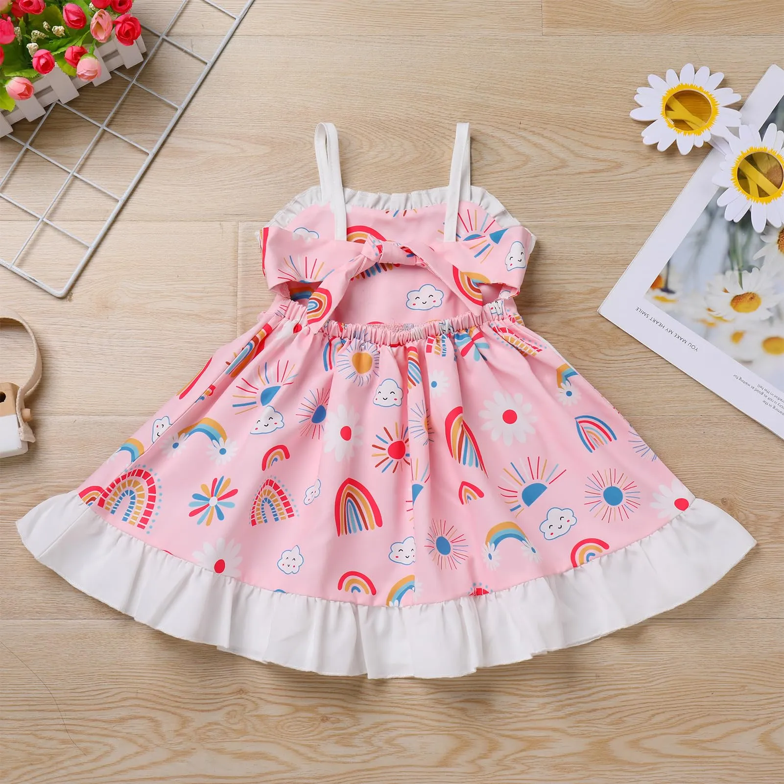Baby Girls Rainbow Tutu Dress: First Birthday Party Dress for Toddler Princess Backless Ruffle Casual Dress Pageant Cake Smash School Picture Photoshoot Outfit Pink-Rainbow 12-18 Months
