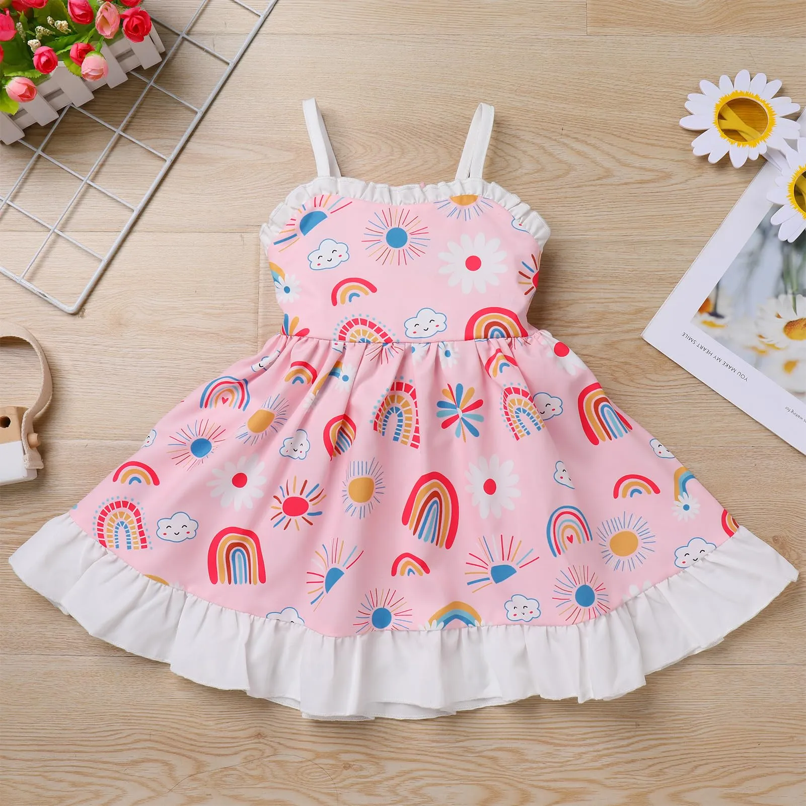 Baby Girls Rainbow Tutu Dress: First Birthday Party Dress for Toddler Princess Backless Ruffle Casual Dress Pageant Cake Smash School Picture Photoshoot Outfit Pink-Rainbow 12-18 Months