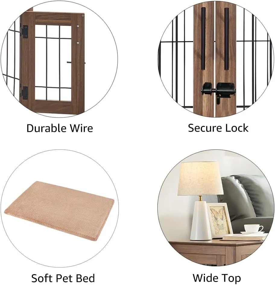 beeNbkks Furniture Style Dog Crate End Table, Double Doors Wooden Wire Dog Kennel with Pet Bed, Decorative Pet Crate Dog House Indoor Medium Large