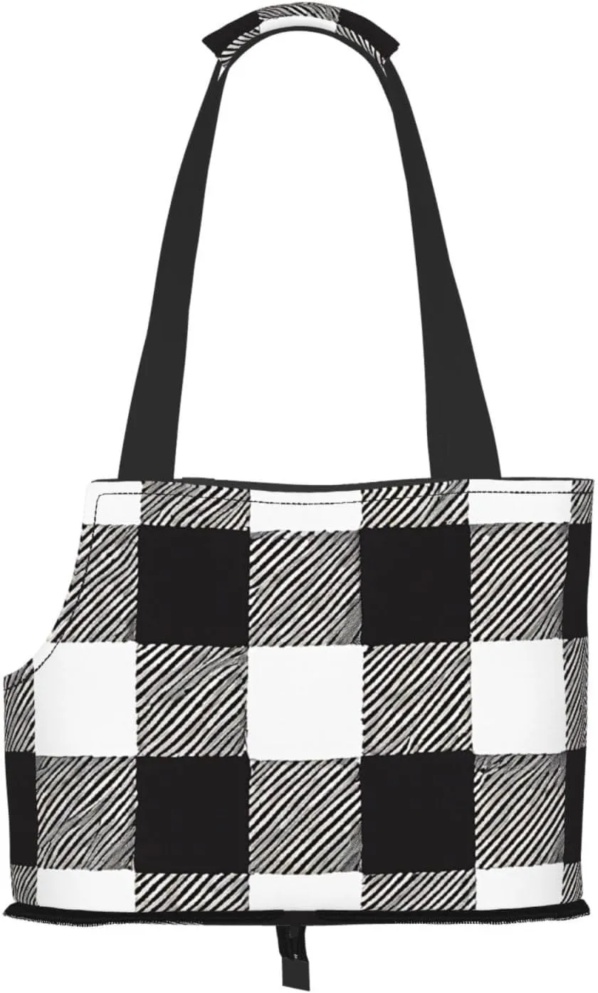 Black and White Plaid Printed Foldable Pet Bag - Portable Puppy Cat Travel Handbag Tote,Pet Carrier Backpacks.