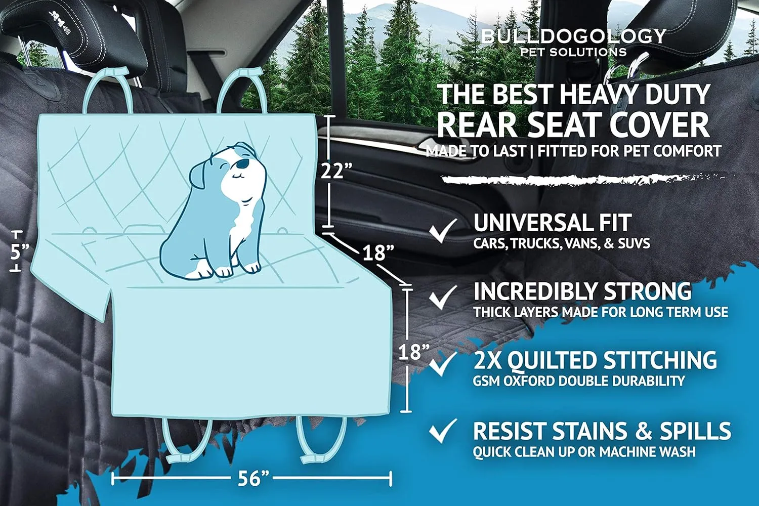 Bulldogology Dog Car Seat Cover for Back Seat 58"x56" Waterproof Dog Car Seat Cover SUV - Car Seat Cover for Dogs - Back Seat Protector for Dog - Dog Hammock for Car, Dog Seat Cover for Truck (Large)