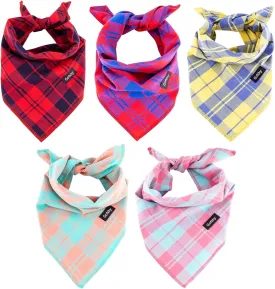 Dog Bandanas-5PCS Birthday Gift Puppy Bandana Vibrant Color Plaid Printing Adjustable Scarf Bib Handkerchief Accessories for Medium Large Dog Pet