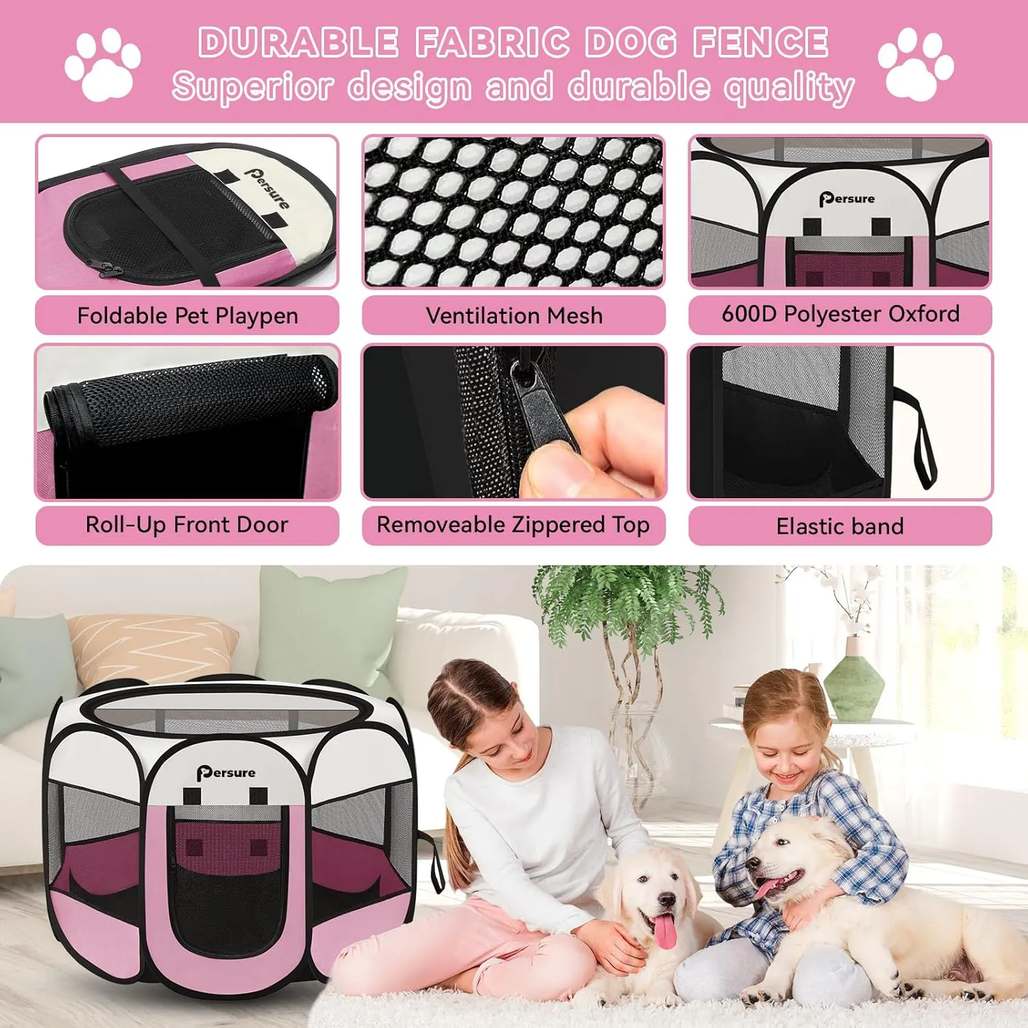 Dog Cat Playpen Indoor Outdoor for Puppy Pet Dogs Cat Travel and Recovery After Surgery, Dogs Enclosure Tent Crates Cage Indoor/Outdoor, Portable Pop Up Dog Kennel with Carrying Case(Pink, Medium)