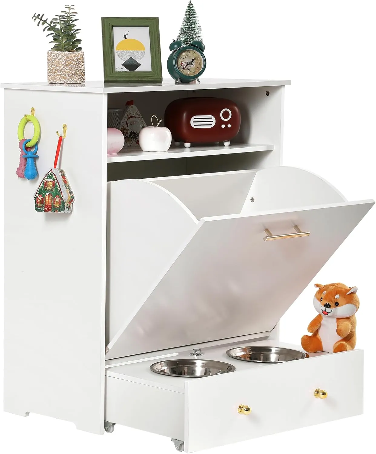 Dog Feeding Station,Dog Food Storage Cabinet Container with 2 Fixed or Pull-out Stainless Steel Raised Bowls,Metal Movable Hooks for Feeding and Watering Supplies,Pet Toy Organizer (White)