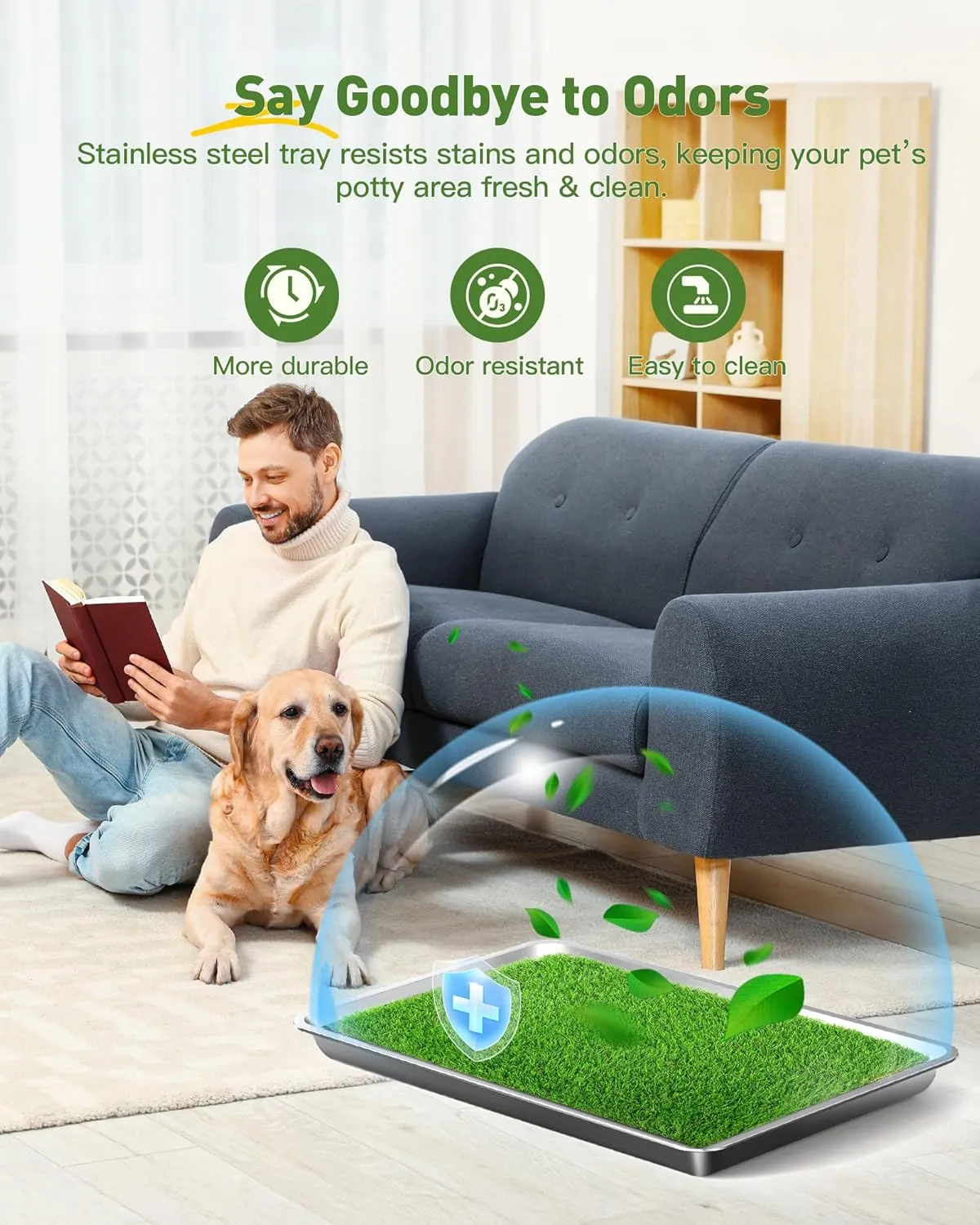 Dog Grass Pad with Tray, 24" X 16" Stainless Steel Tray & 2 Replacement Artificial Grass Mats, Portable Dog Potty Tray Toilet Grass for Indoor & Outdoor Potty Training for Apartment, Patio, Balcony