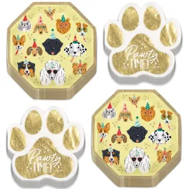 Dog Party Supplies - Pawty Time Metallic Paper Plates & Gold Paw Print Napkins (Serves 16)