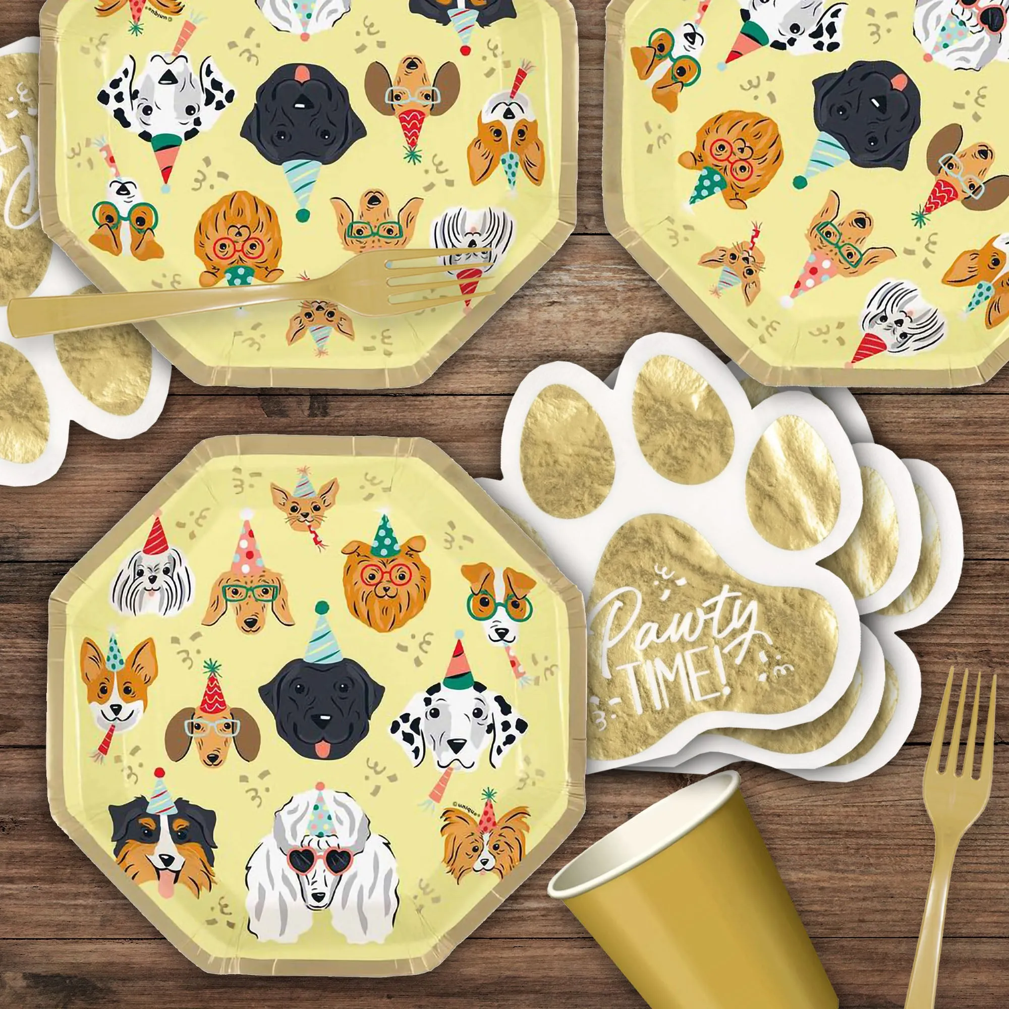 Dog Party Supplies - Pawty Time Metallic Paper Plates & Gold Paw Print Napkins (Serves 16)