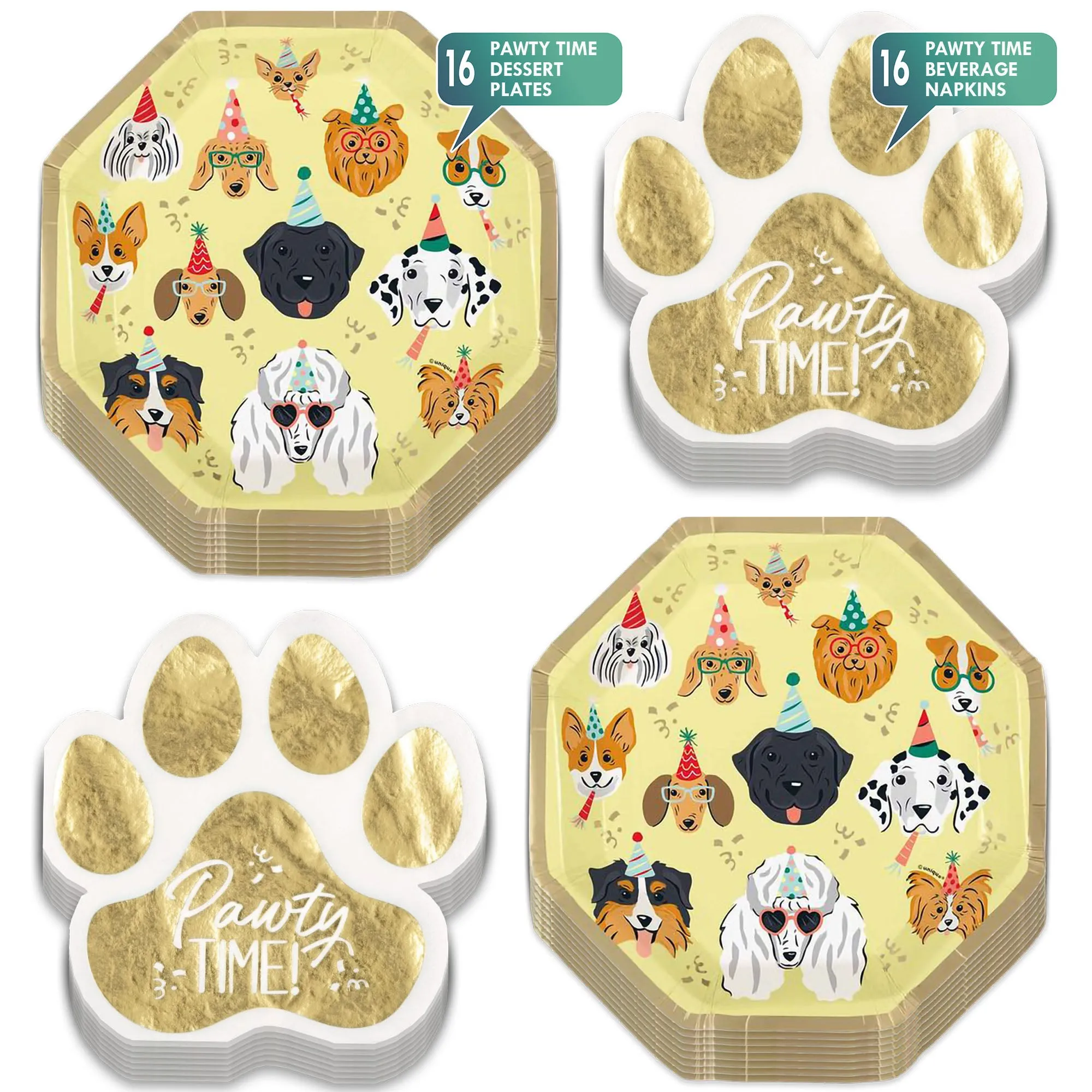 Dog Party Supplies - Pawty Time Metallic Paper Plates & Gold Paw Print Napkins (Serves 16)