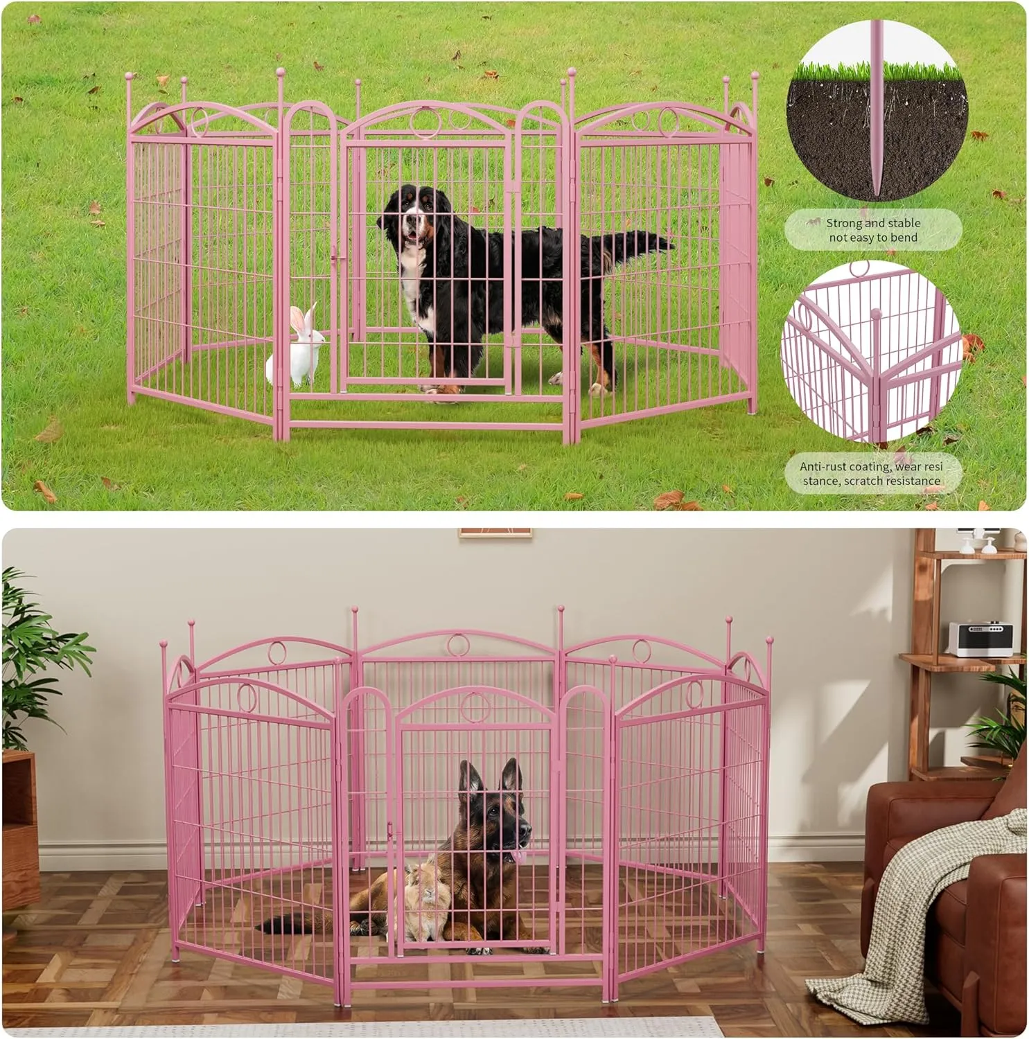 Dog Playpen, 31.7 inch 8 Panels Metal Dog Exercise Pen & Playpen with Door, Foldable Portable Indoor/Outdoor Pet Playpen for Large Medium Dogs and Pet (Pink)