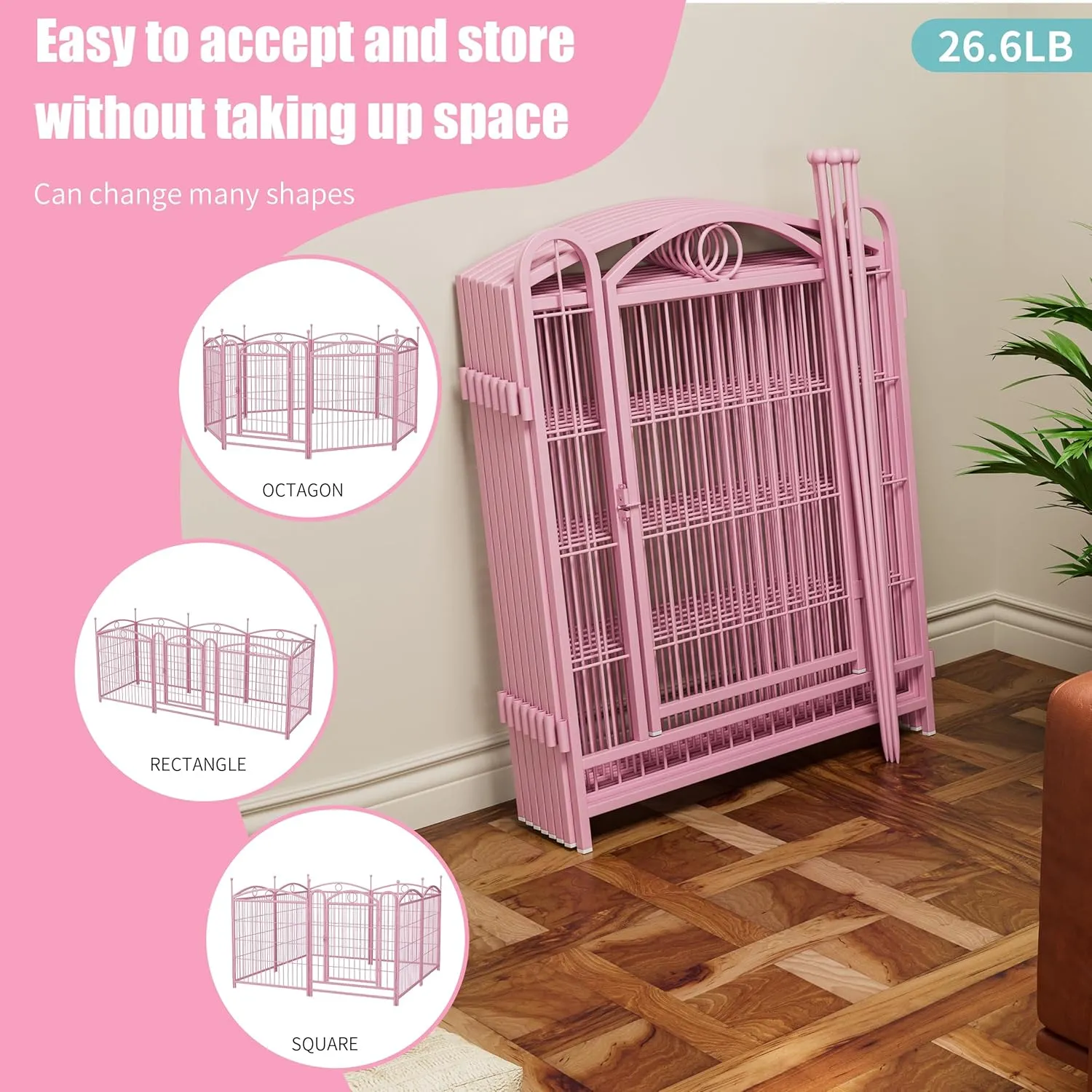 Dog Playpen, 31.7 inch 8 Panels Metal Dog Exercise Pen & Playpen with Door, Foldable Portable Indoor/Outdoor Pet Playpen for Large Medium Dogs and Pet (Pink)