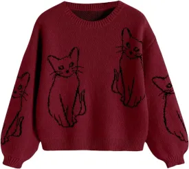 GORGLITTER Women's Cat Sweater Graphic Cropped Sweater Long Sleeve Drop Shoulder Crewneck Pullover Top