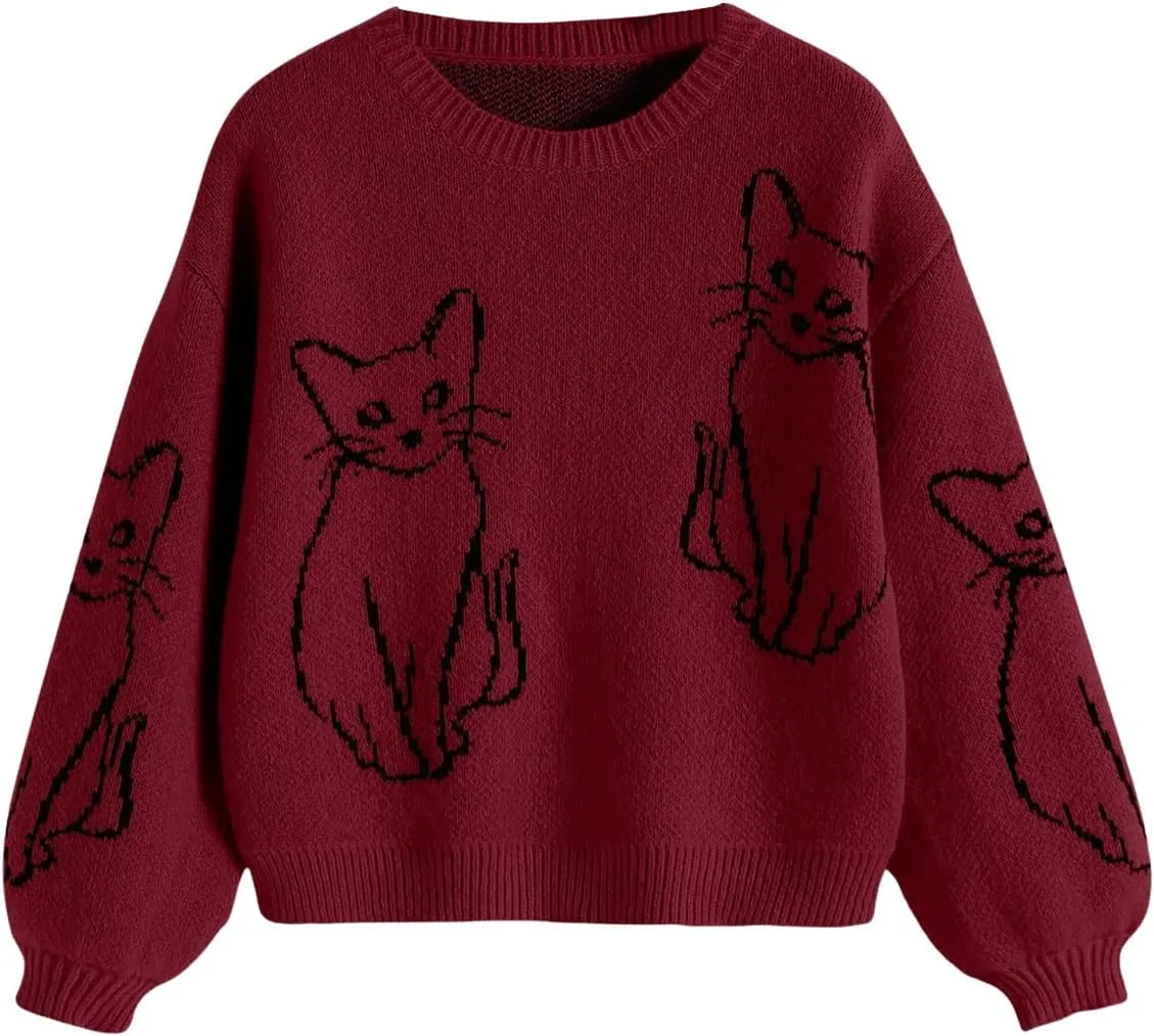 GORGLITTER Women's Cat Sweater Graphic Cropped Sweater Long Sleeve Drop Shoulder Crewneck Pullover Top