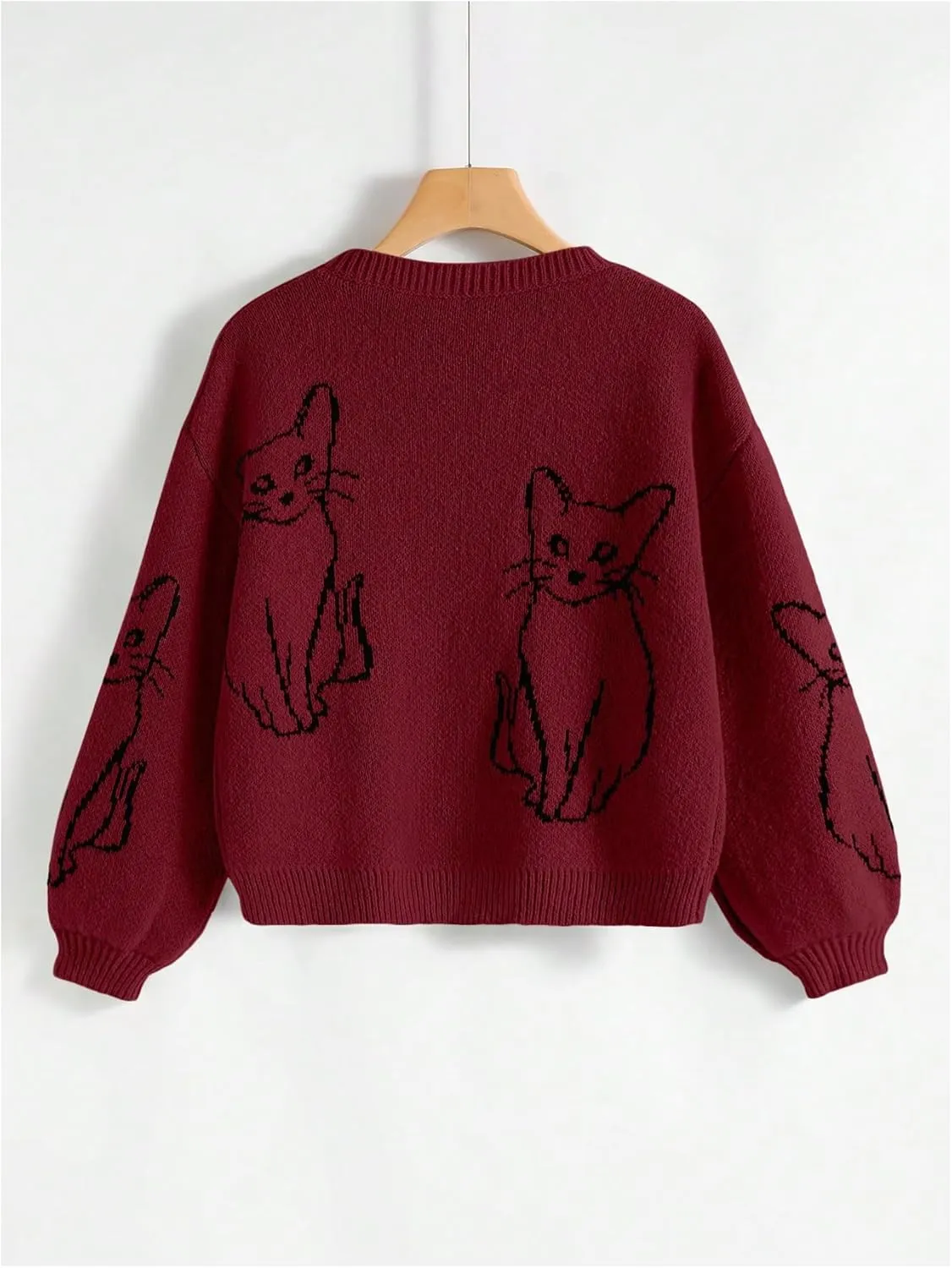 GORGLITTER Women's Cat Sweater Graphic Cropped Sweater Long Sleeve Drop Shoulder Crewneck Pullover Top