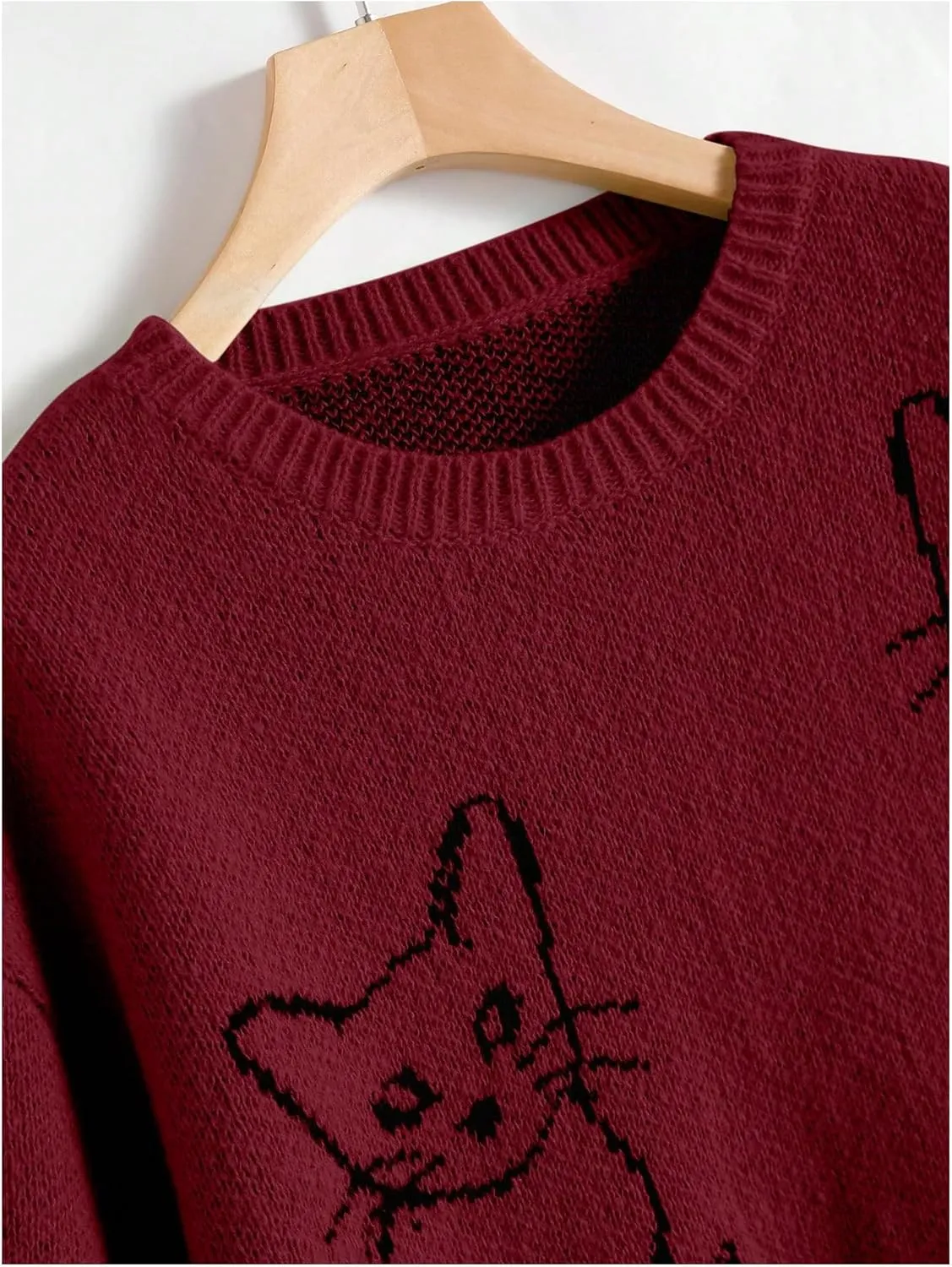 GORGLITTER Women's Cat Sweater Graphic Cropped Sweater Long Sleeve Drop Shoulder Crewneck Pullover Top