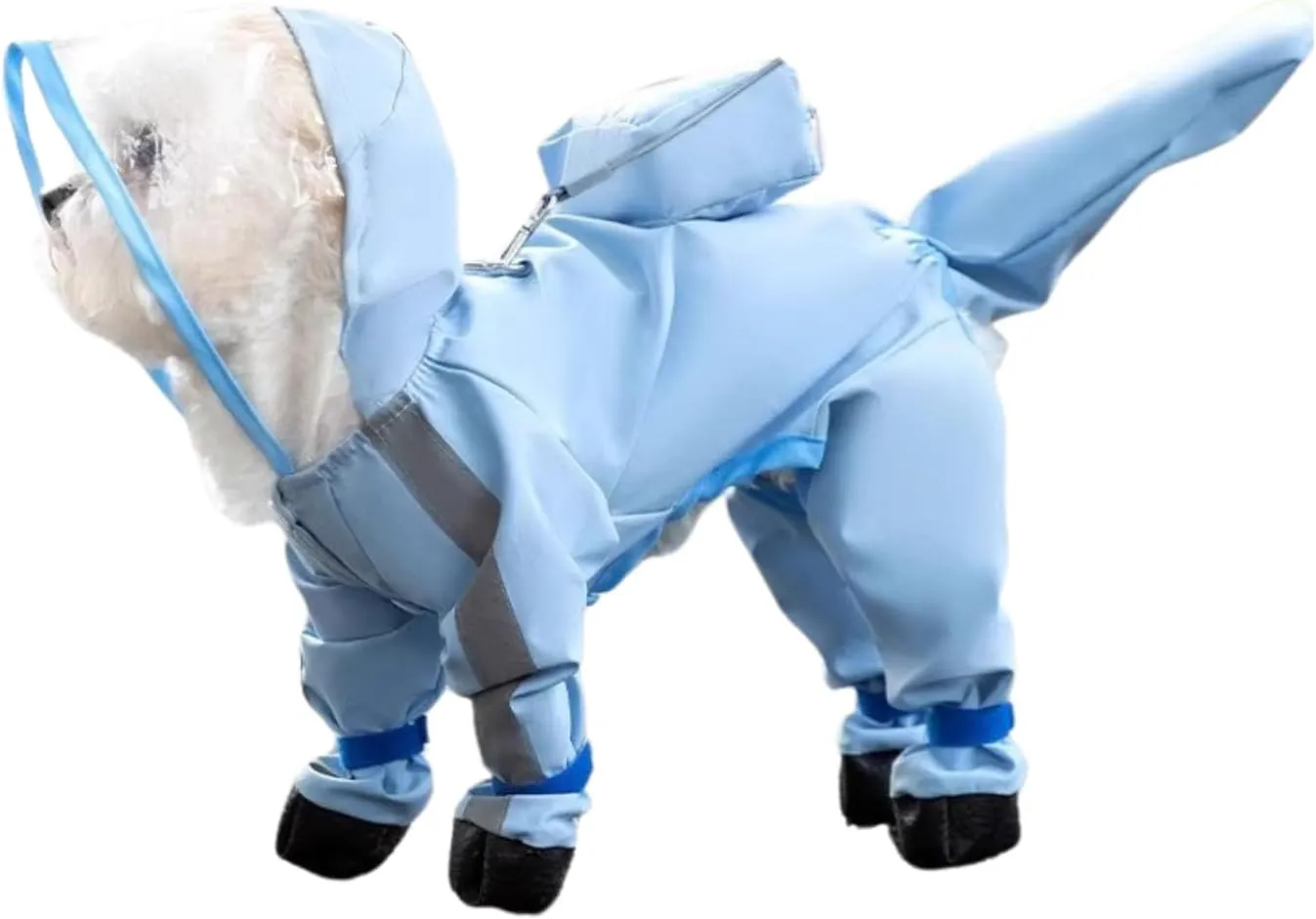 HDKUW Small Dog Raincoat and Rain Shoes Set, Full-Coverage Reflective Dog Jacket with Backbag, Dog Raincoat with Rain Boots Set for Small Medium Dogs Blue M