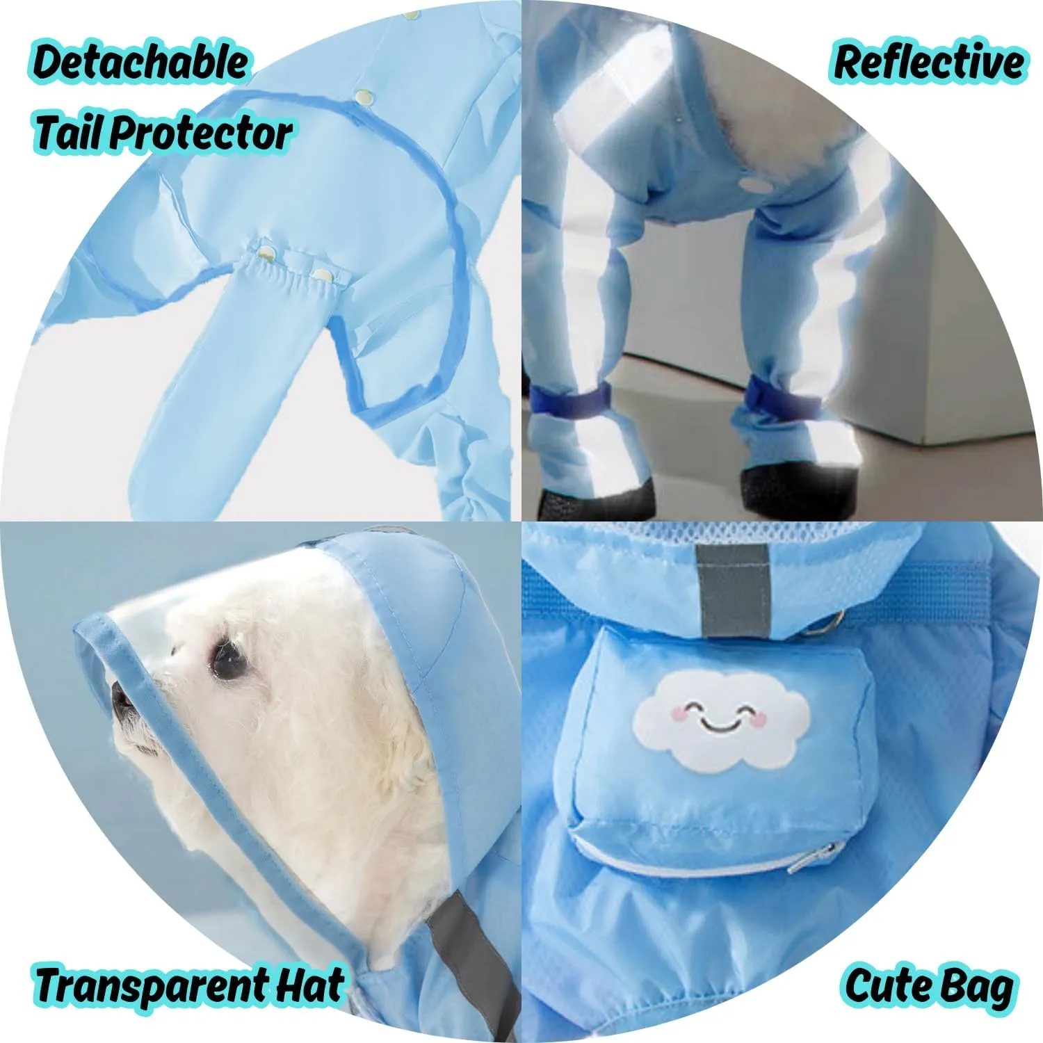 HDKUW Small Dog Raincoat and Rain Shoes Set, Full-Coverage Reflective Dog Jacket with Backbag, Dog Raincoat with Rain Boots Set for Small Medium Dogs Blue M