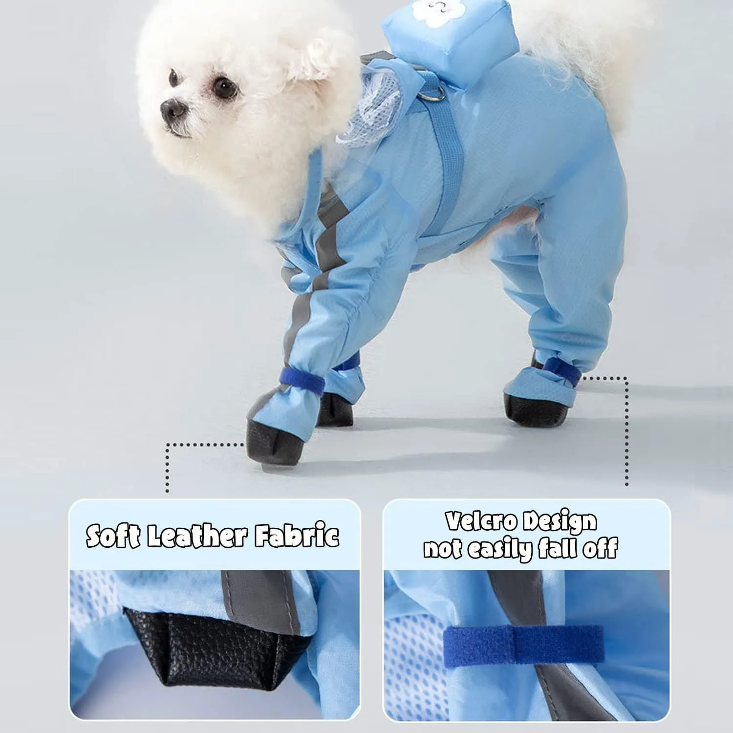 HDKUW Small Dog Raincoat and Rain Shoes Set, Full-Coverage Reflective Dog Jacket with Backbag, Dog Raincoat with Rain Boots Set for Small Medium Dogs Blue M