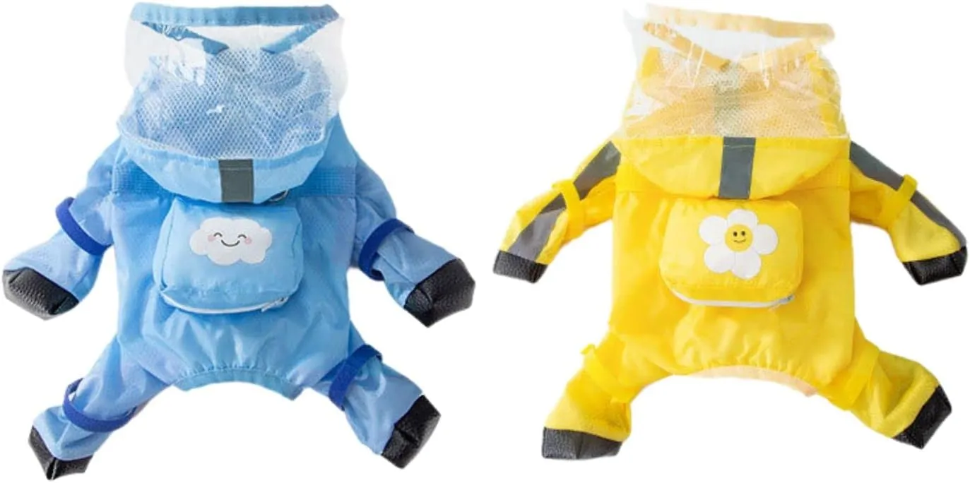 HDKUW Small Dog Raincoat and Rain Shoes Set, Full-Coverage Reflective Dog Jacket with Backbag, Dog Raincoat with Rain Boots Set for Small Medium Dogs Blue M