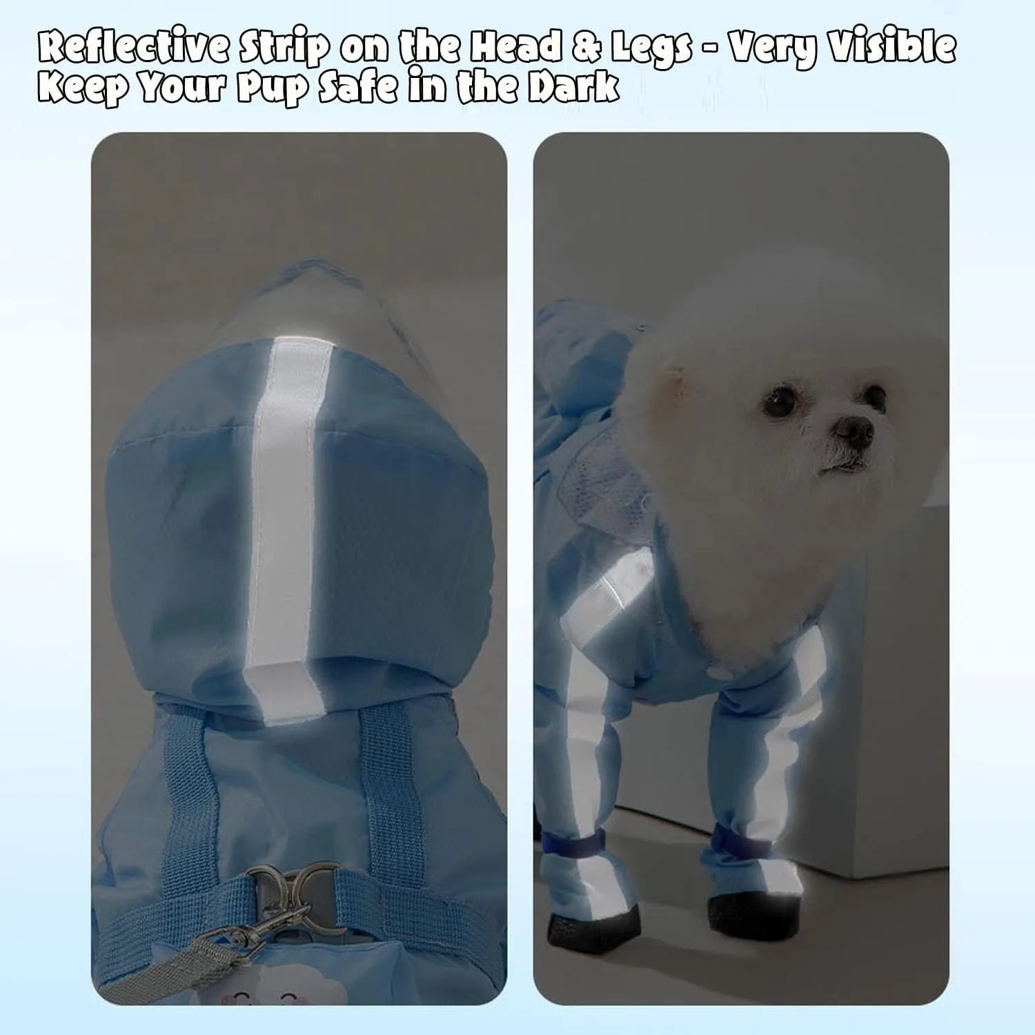 HDKUW Small Dog Raincoat and Rain Shoes Set, Full-Coverage Reflective Dog Jacket with Backbag, Dog Raincoat with Rain Boots Set for Small Medium Dogs Blue M