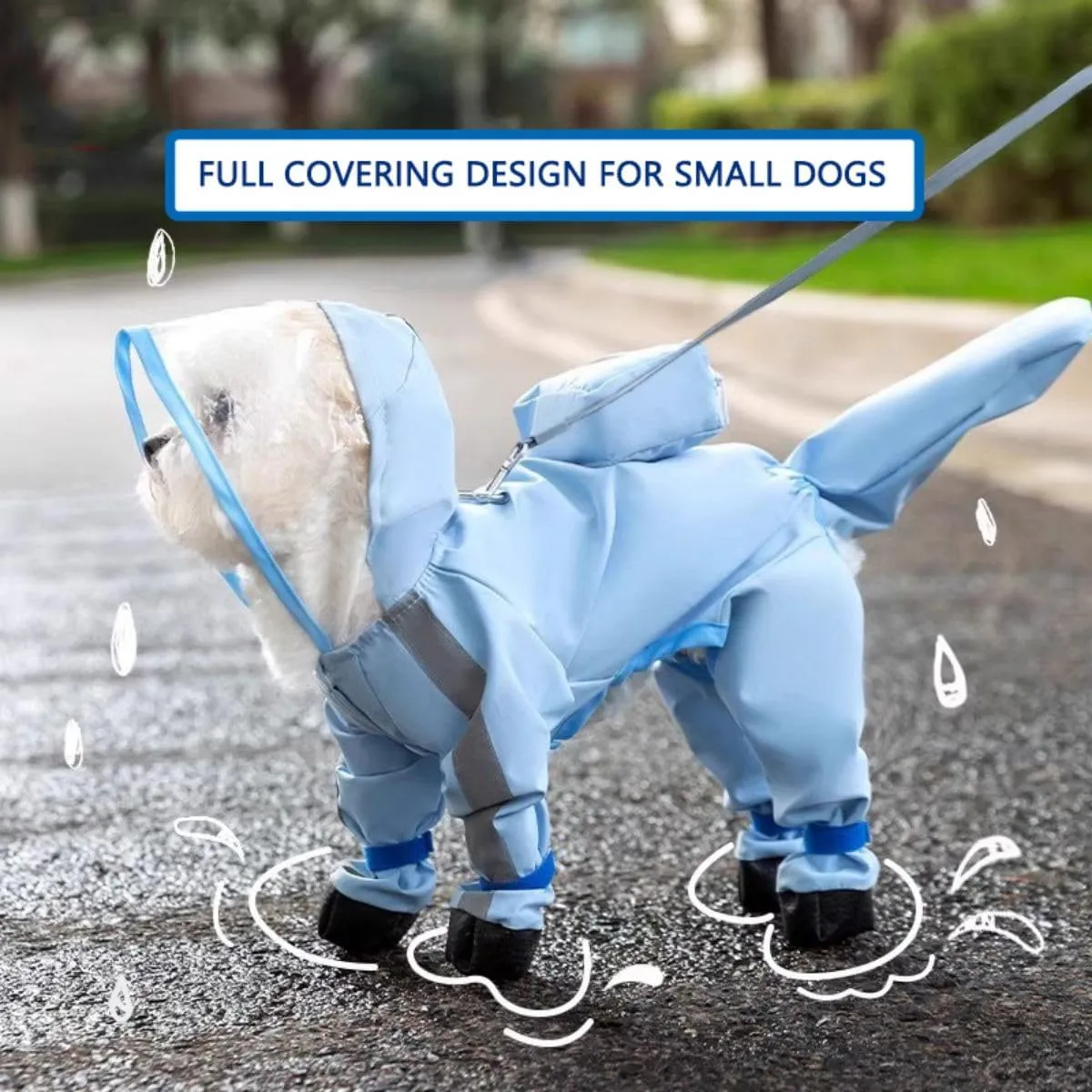 HDKUW Small Dog Raincoat and Rain Shoes Set, Full-Coverage Reflective Dog Jacket with Backbag, Dog Raincoat with Rain Boots Set for Small Medium Dogs Blue M