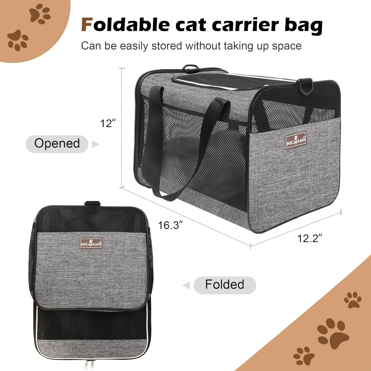 HiCaptain Cat Carrier Bag, Lightweight Soft Cat Carrier with Top Mesh Window, Breathable Pet Carrier for Medium Cats and Small Dogs Puppies up to 15 lb - Grey