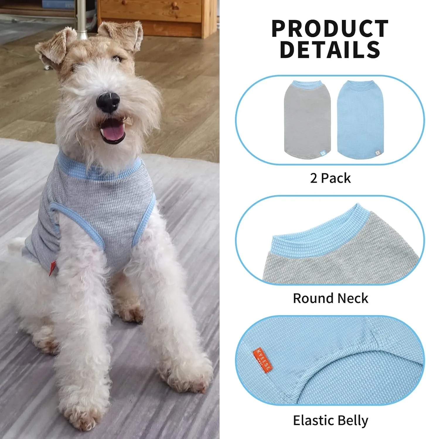 KYEESE 2Pack Dog Shirts Waffle for Small Dogs Stretchy Pet T-Shirts Lightweight Dog Tank Top Sleeveless Dogs Vest Breathable, X-Large, Blue Grey