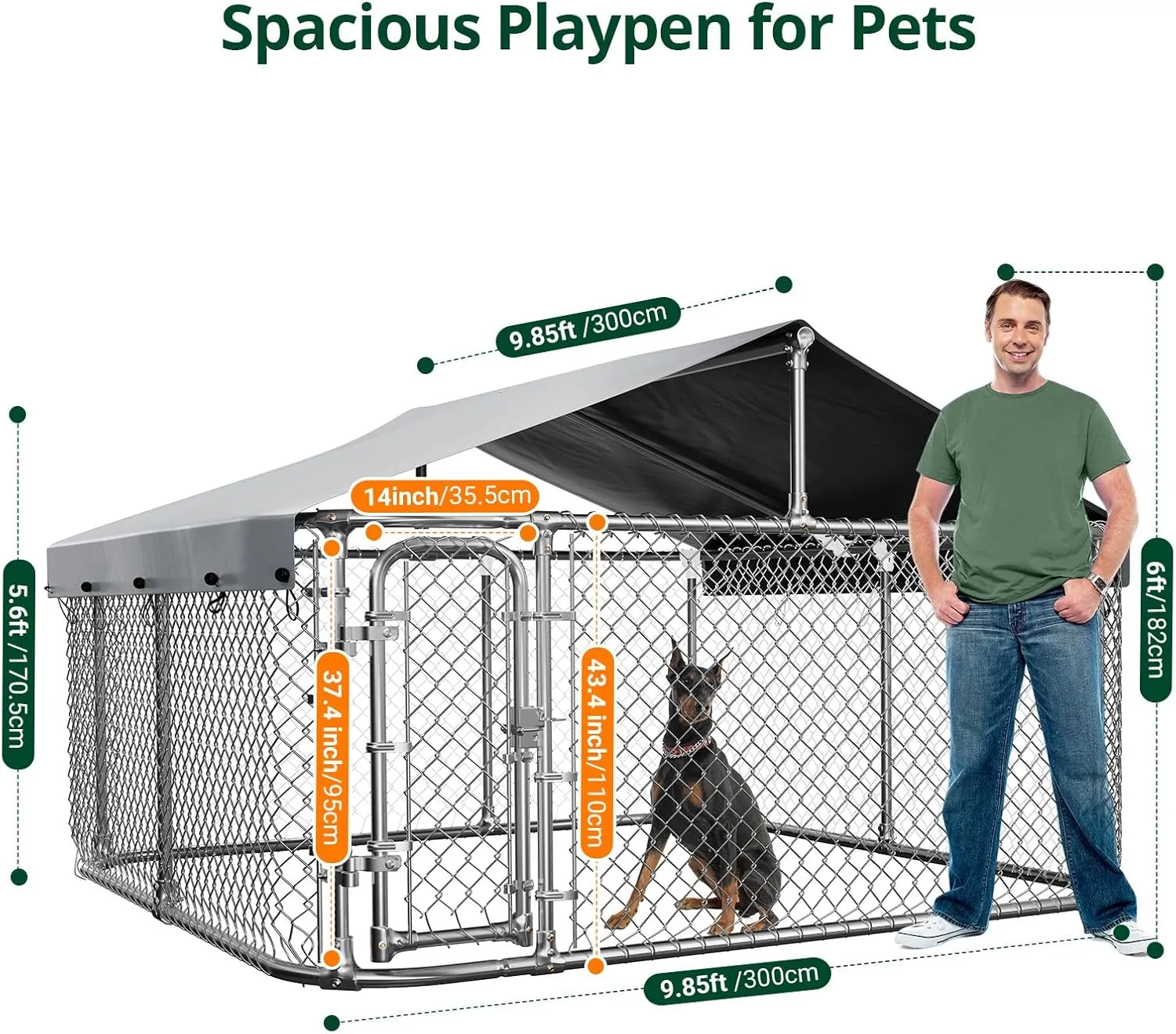 Large Outside Dog Kennel with Roof, 9.8 x 9.8ft Outdoor Dog Crate with Waterproof UV-Resistant Cover for Small Medium Large Breeds