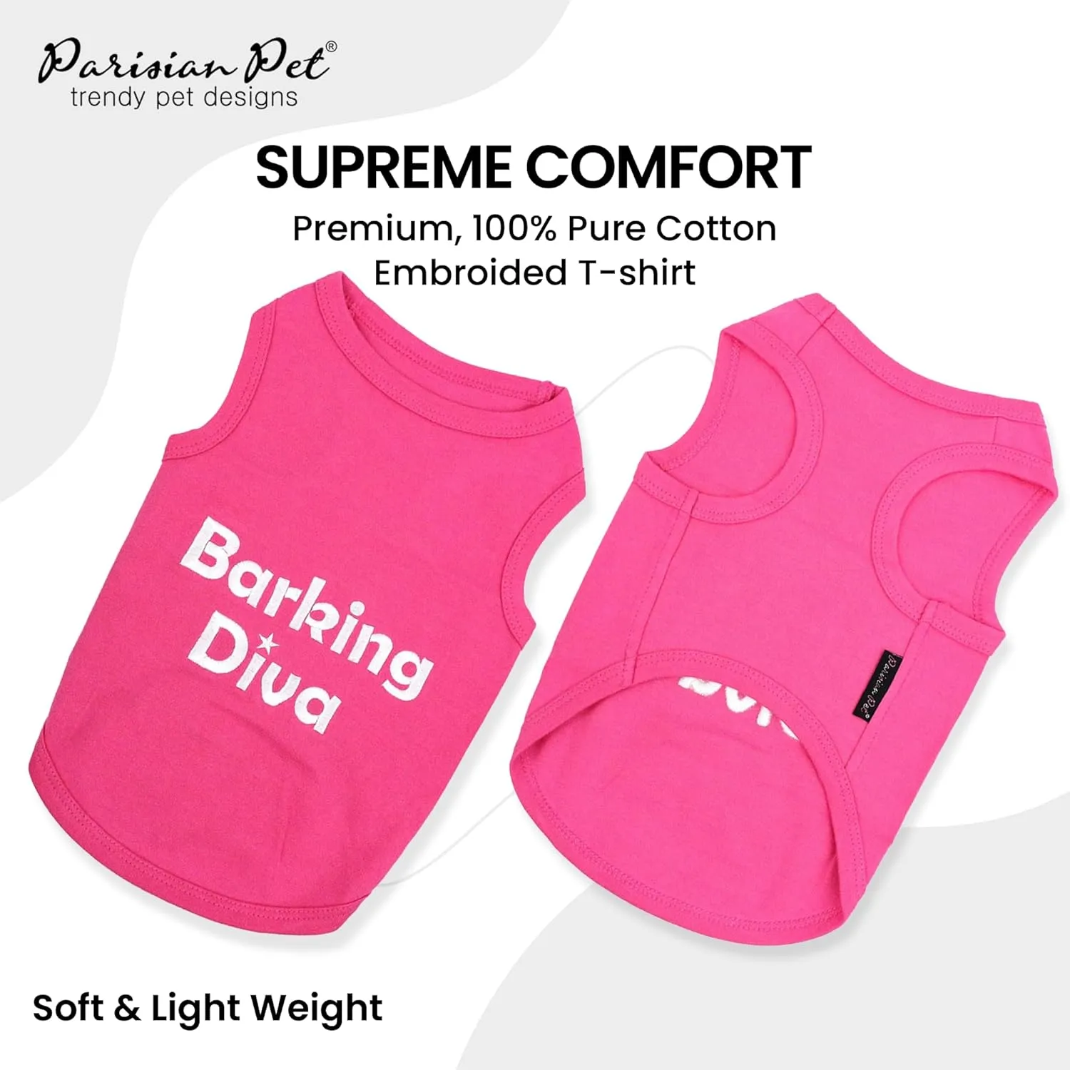 Parisian Pet Dog Tshirt - Embroidered Barking Diva Girl Tank Top - Breathable and Lightweight Dog Clothes Female - Sleeveless Pink Tee Shirts for Small Dogs - S