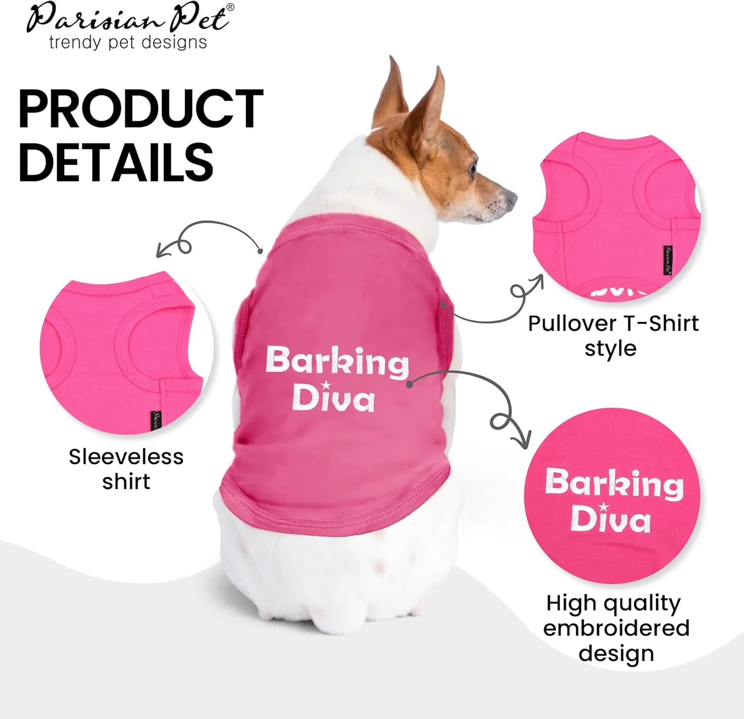 Parisian Pet Dog Tshirt - Embroidered Barking Diva Girl Tank Top - Breathable and Lightweight Dog Clothes Female - Sleeveless Pink Tee Shirts for Small Dogs - S