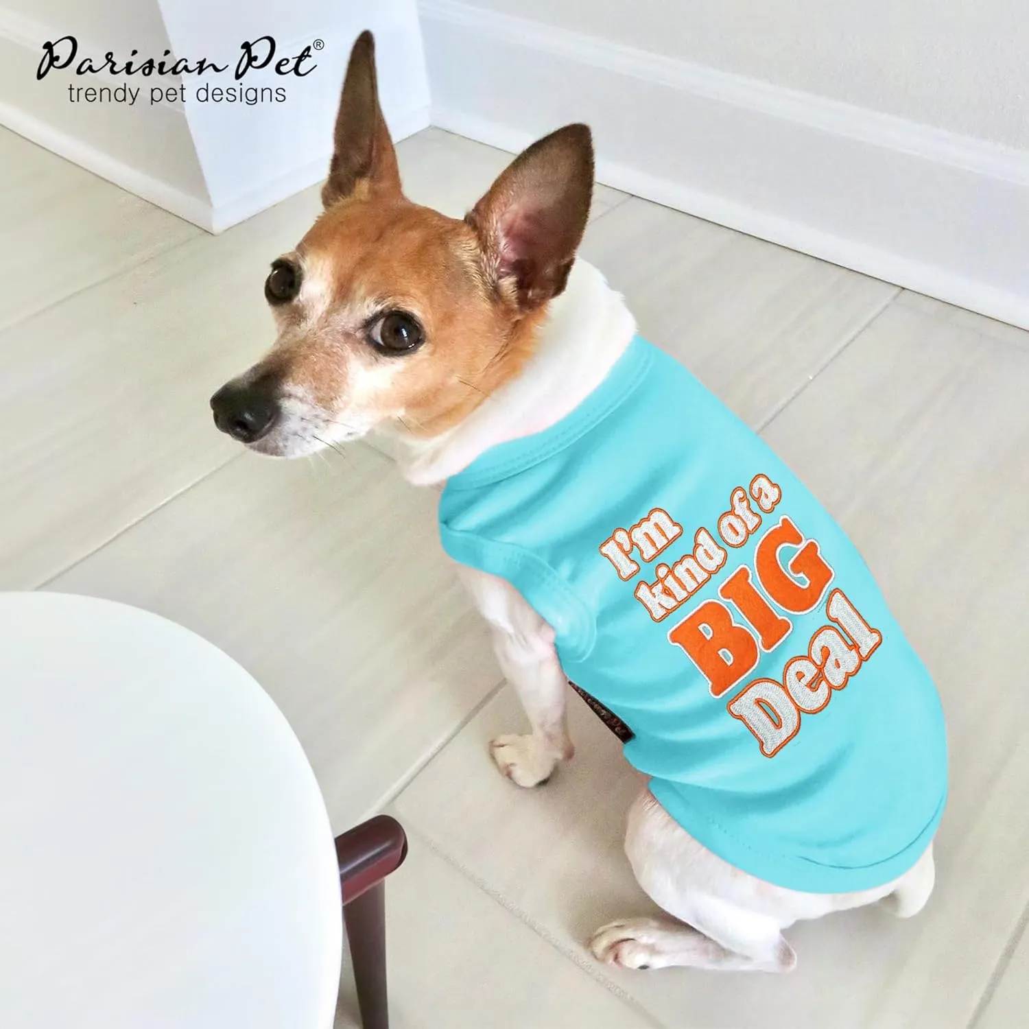 Parisian Pet Dog Tshirt - Embroidered  Im Kind of Big Deal  Dogs Apparel - Lightweight and Skin Friendly Dog Clothes - Sleeveless Blue Doggy Tee Shirts - Machine Washable Shirts for Small Dogs - S